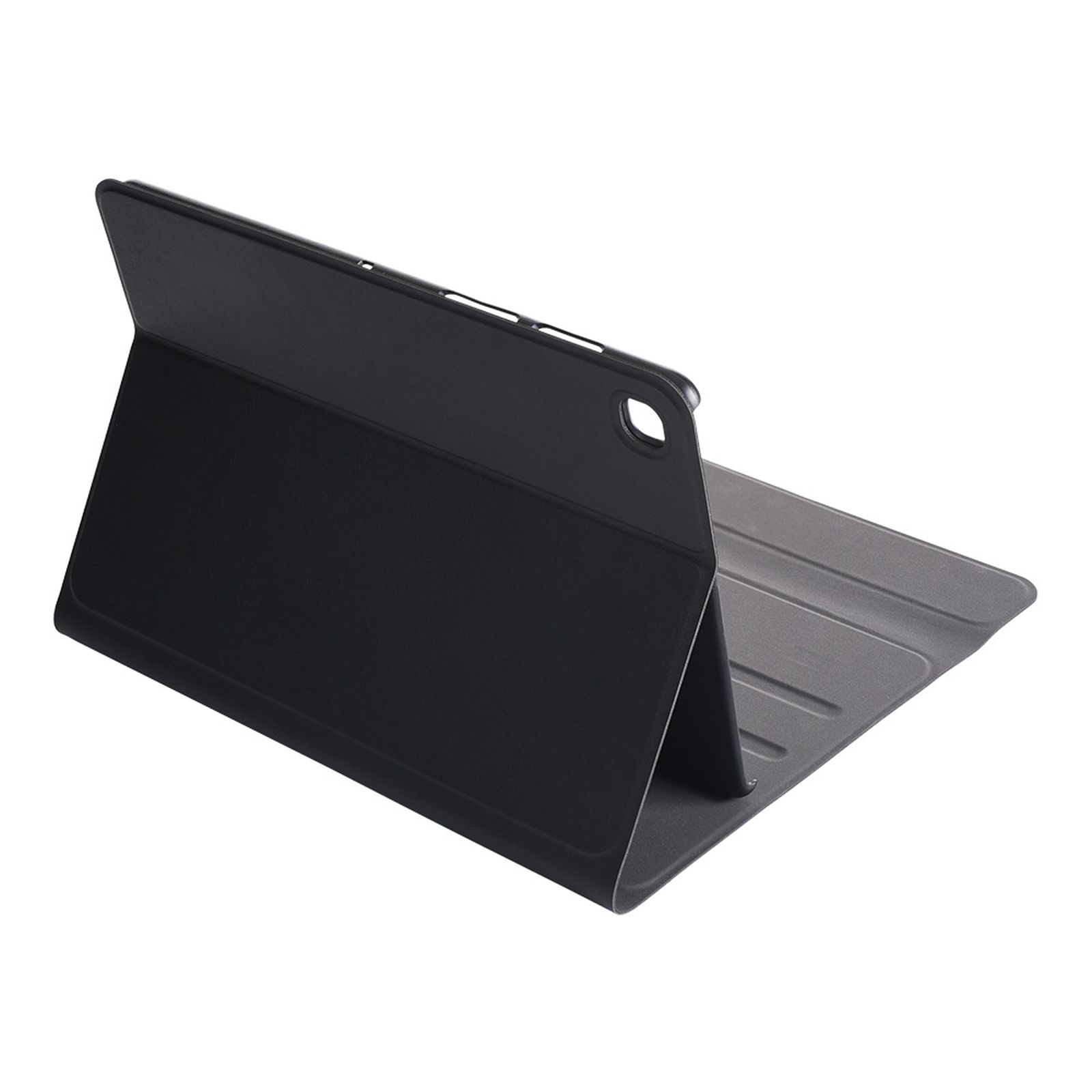 Schwarze Tablethülle, gefaltet. Rückseite mit Standfunktion. Die Hülle ist schwarz.