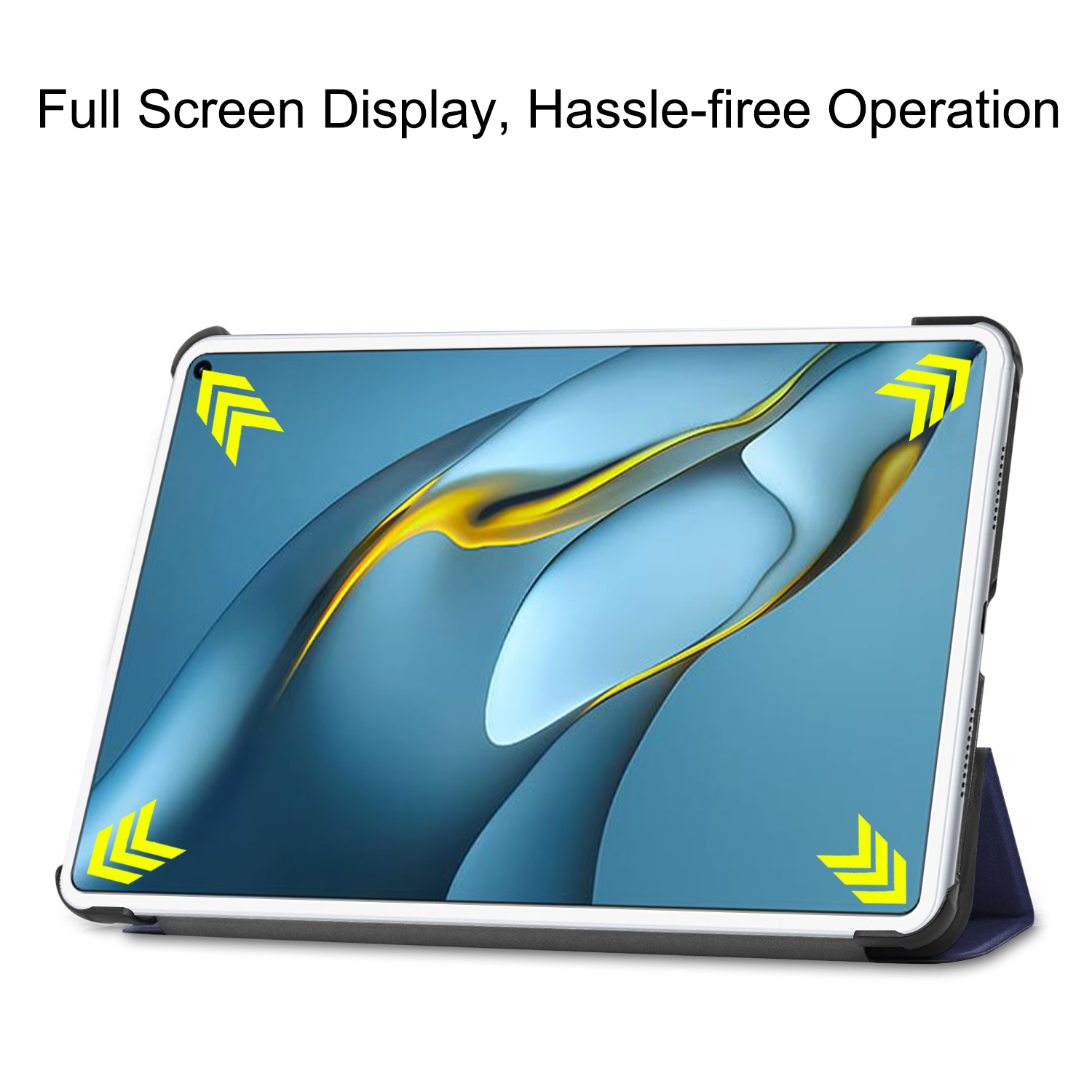 Tablet mit Hülle, Bildschirm mit blauer abstrakter Kunst. Pfeile zeigen den Eckenschutz.