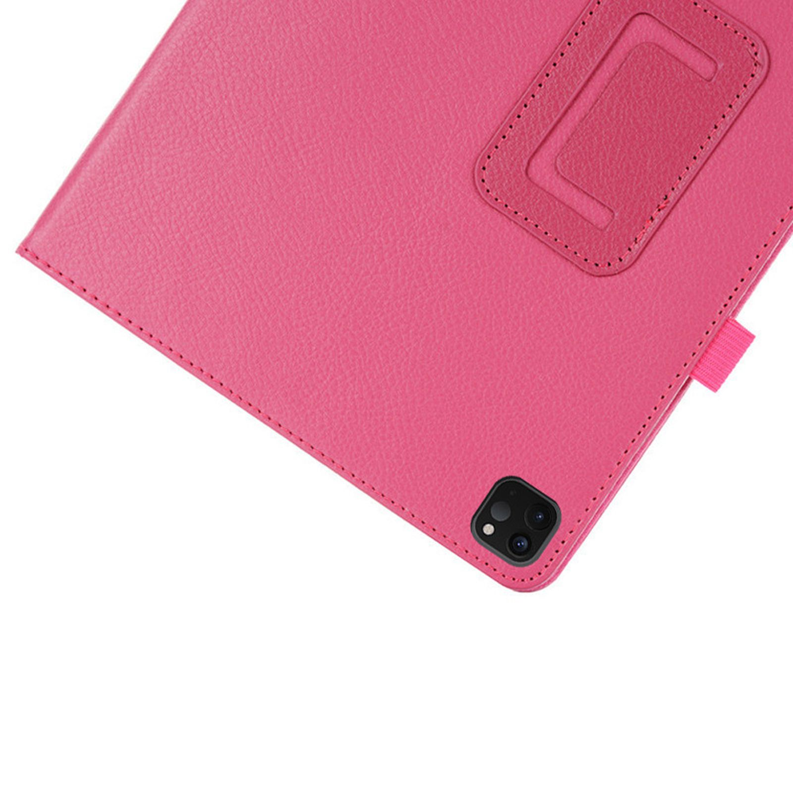 Eine rosa Tablet-Hülle mit Kameraausschnitten und einem rosa Riemen. Weißer Hintergrund.