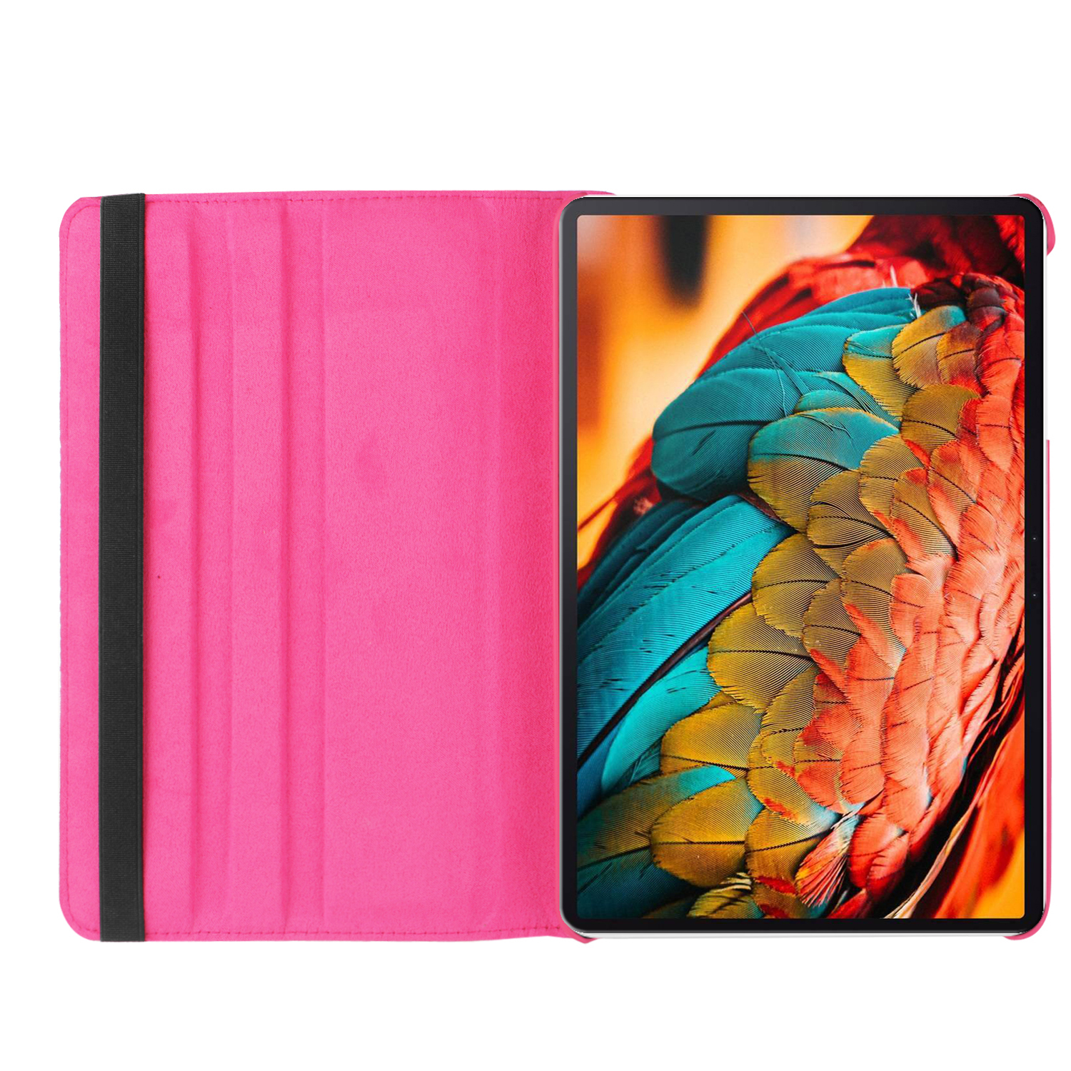 Pinke Tablethülle, geöffnet, zeigt Tablet mit schwarzem Riemen.