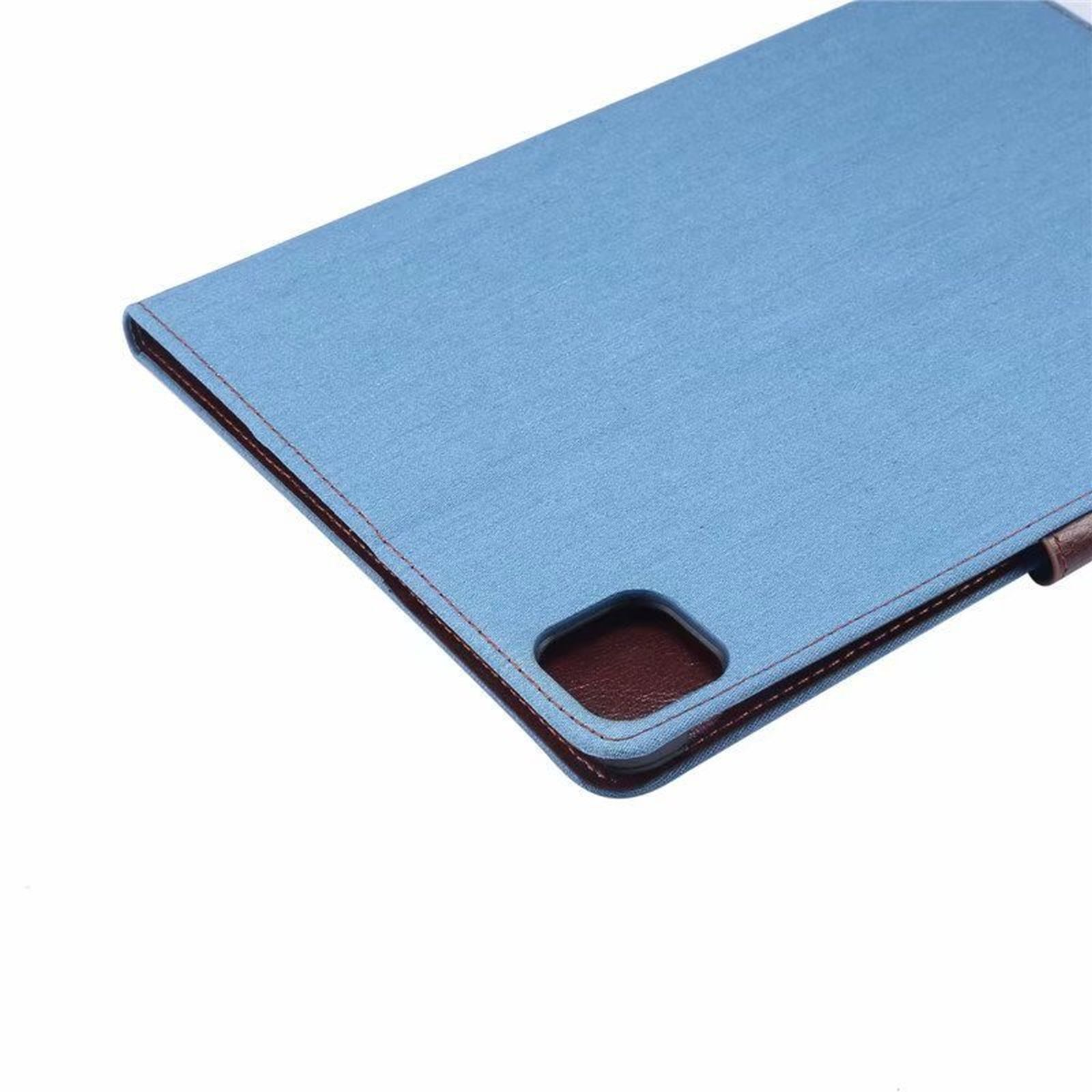 Nahaufnahme einer Tablet-Hülle mit blauer Oberfläche und braunen Rändern.