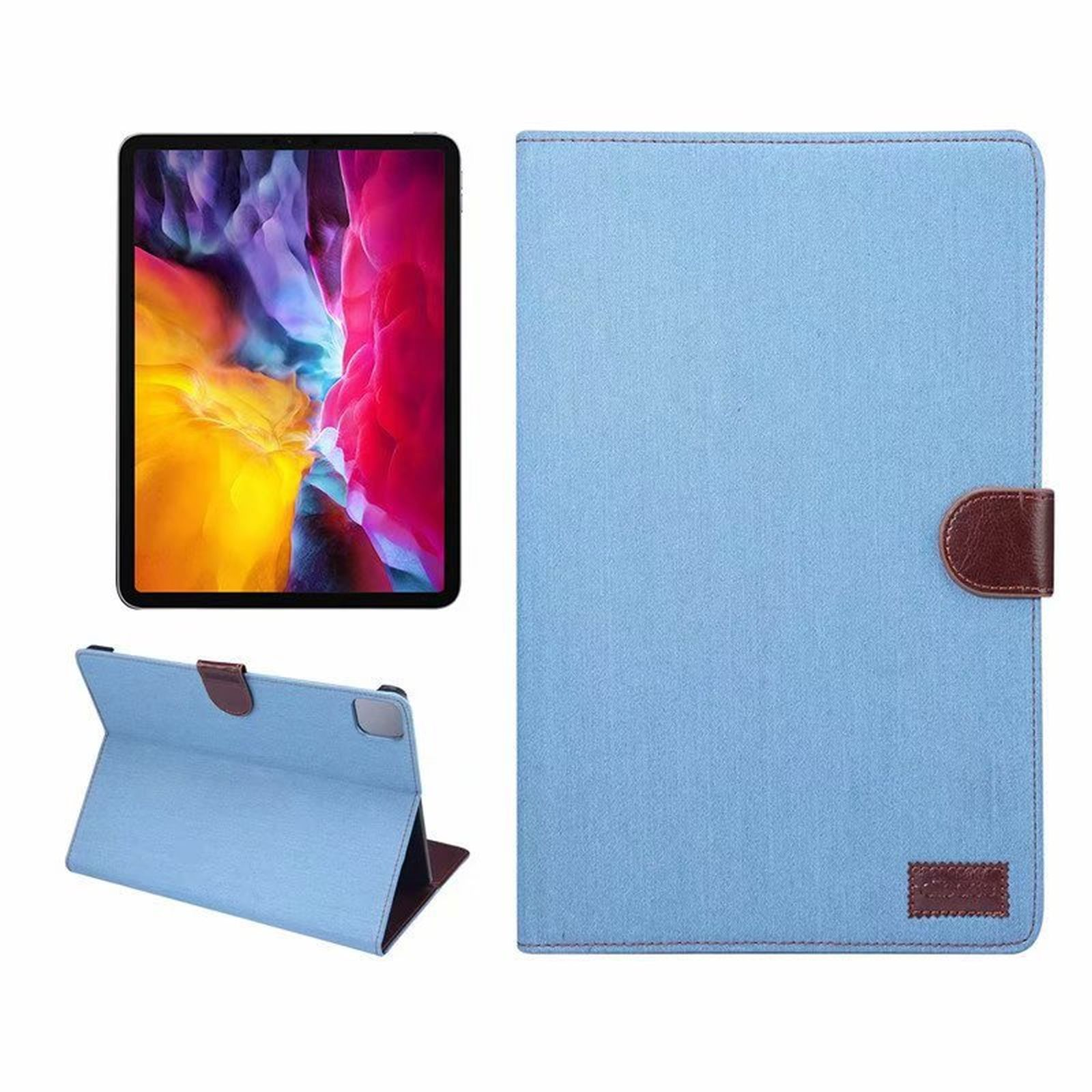 Ein Tablet und eine Hülle. Die Hülle ist hellblau mit braunem Verschluss. Das Tablet links.