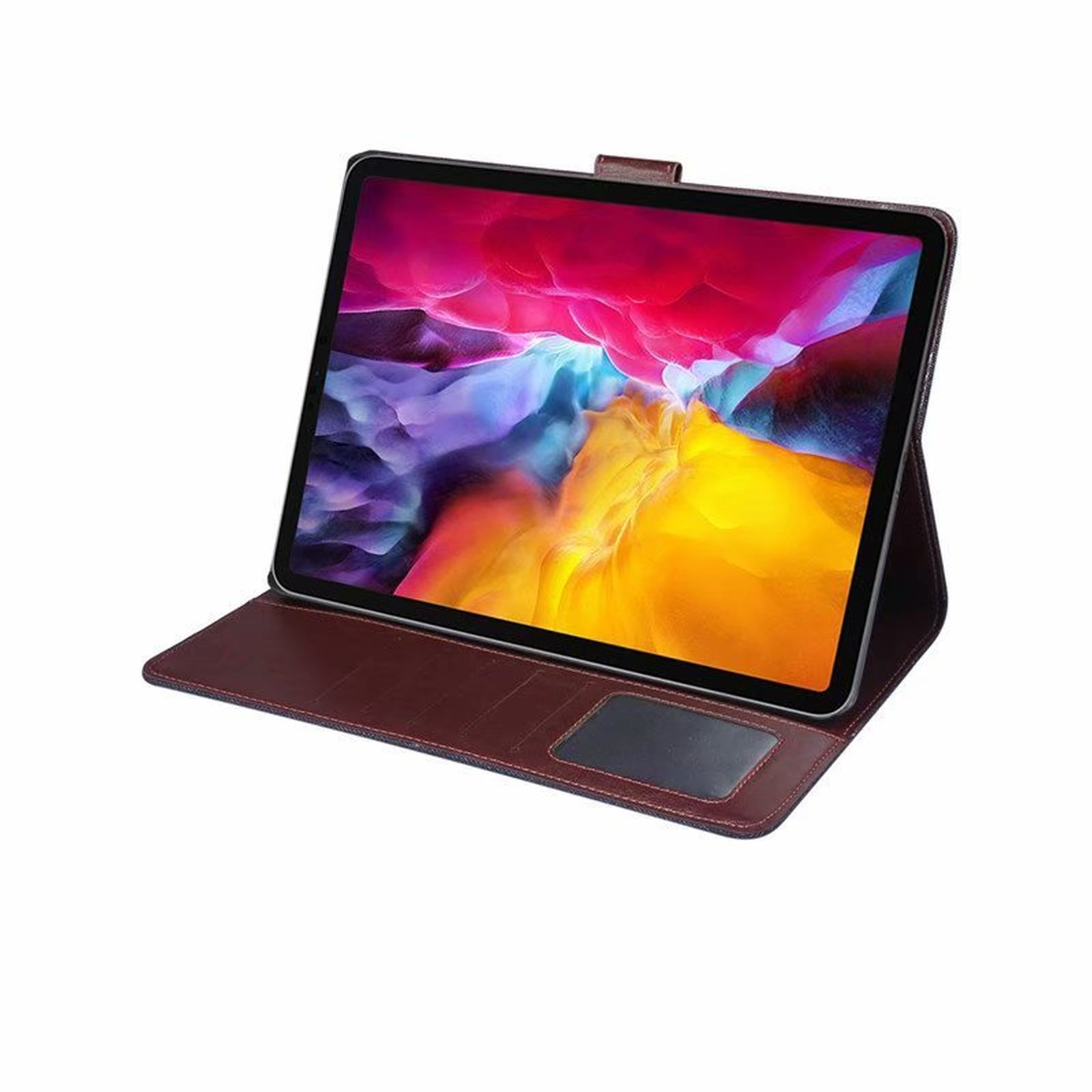 Tablet in einer braunen Hülle. Das Tablet ist geöffnet.