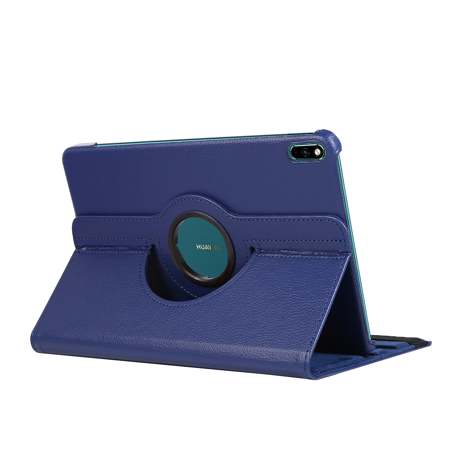 Blaue Tablet-Hülle mit Ringhalter. Tablet befindet sich in geöffneter Position mit grünem Ring.