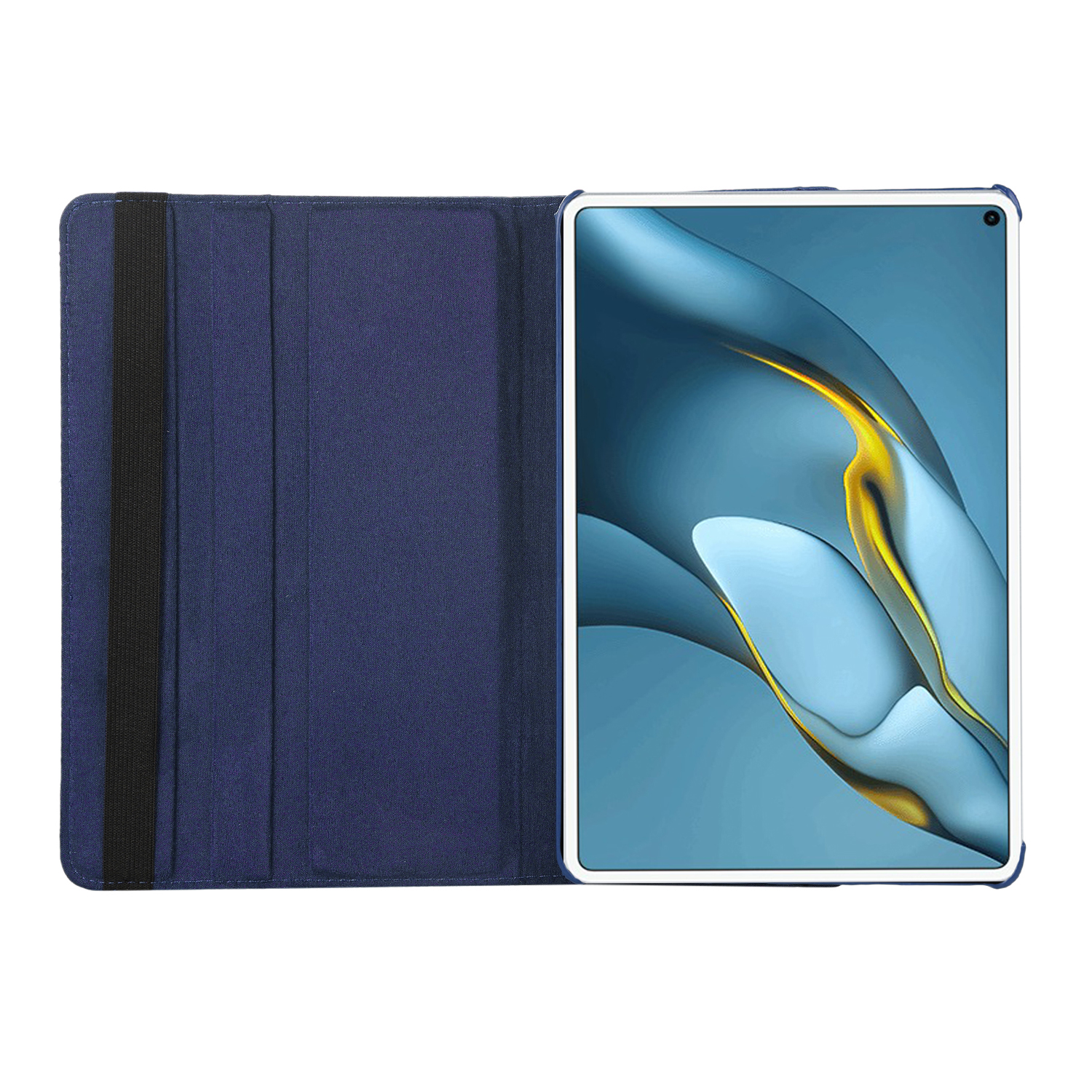 Blaue Tablet-Hülle, geöffnet, mit einem Tablet mit blauem und gelbem Bildschirm.