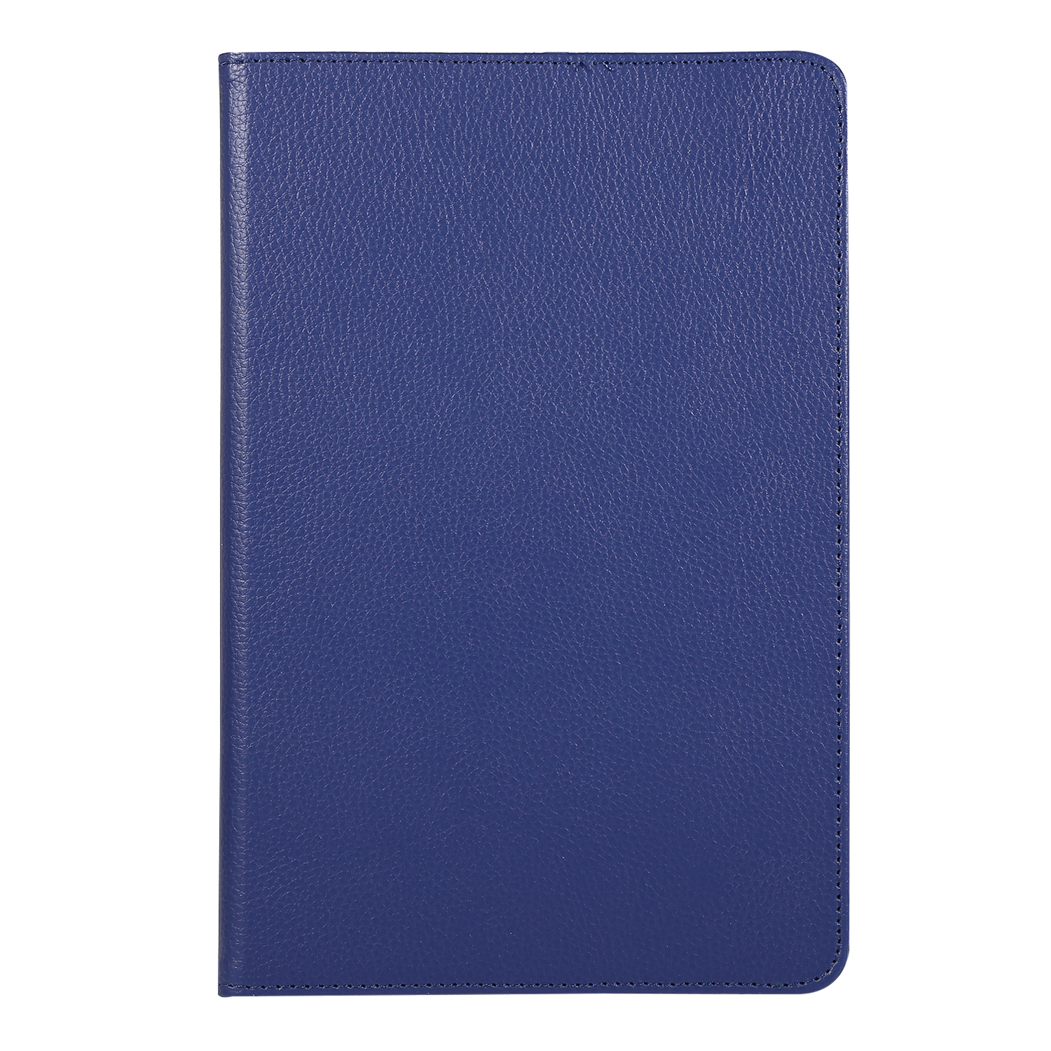 Blaues Leder-Tablet-Case, geschlossen. Textur auf der Oberfläche sichtbar. Isoliert auf weißem Hintergrund.