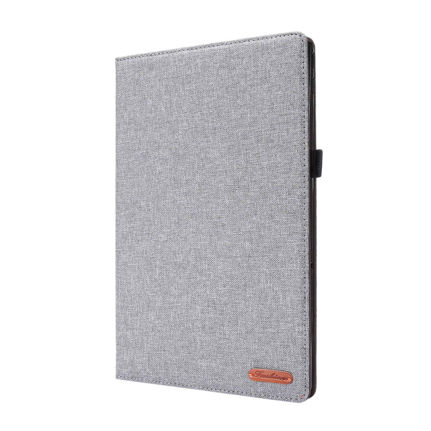Hellgraue Tablet-Hülle mit Stoffstruktur und braunem Etikett.