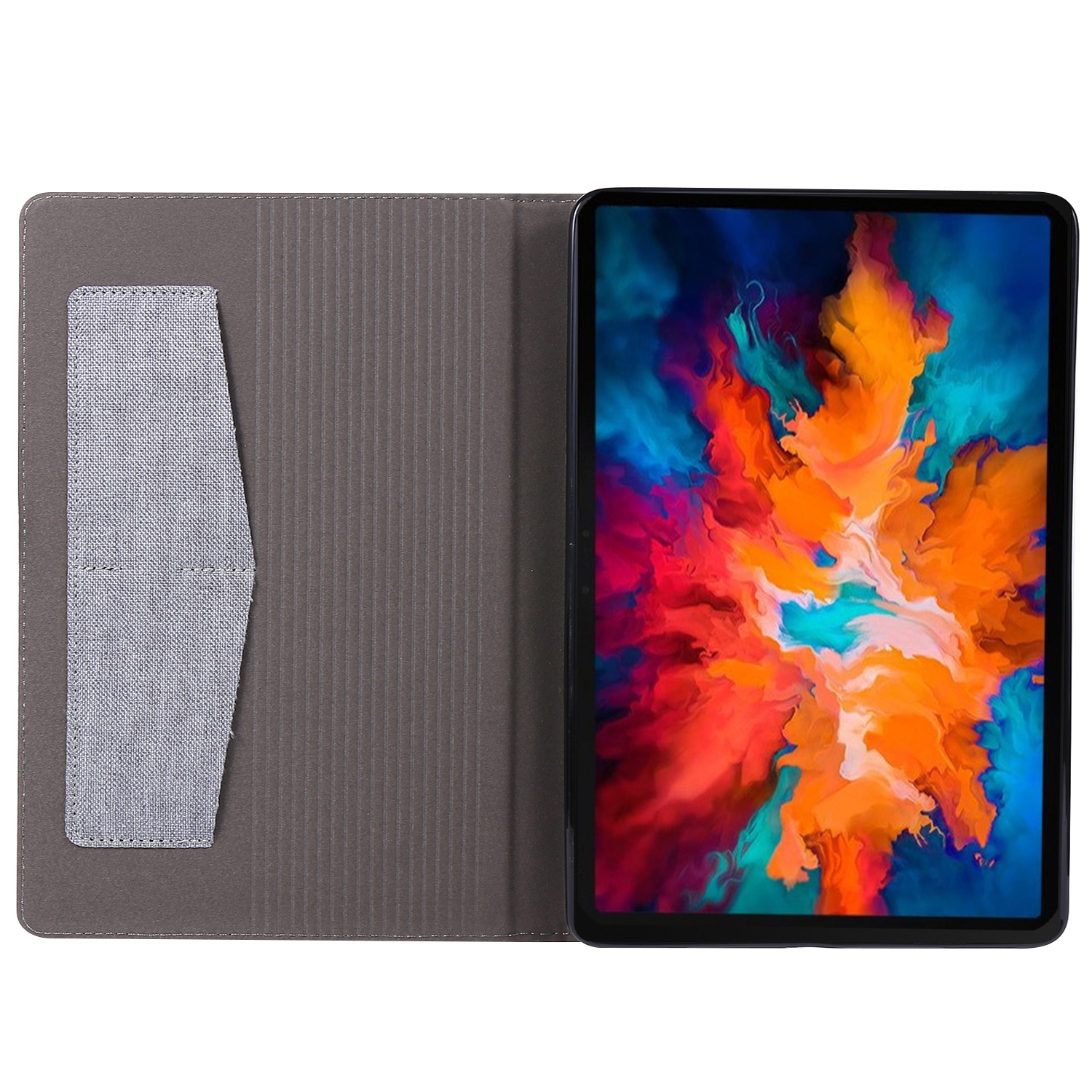 Tablet in grauem Gehäuse, geöffnet, um ein farbenfrohes, abstraktes Display zu zeigen.