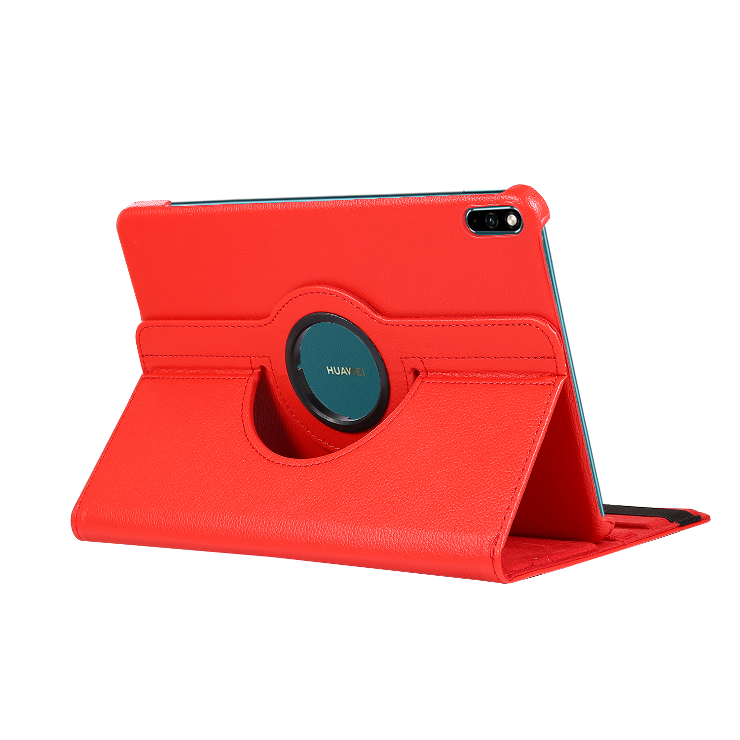 Rote Tablet-Hülle, Aufstellposition, grüner Ring.