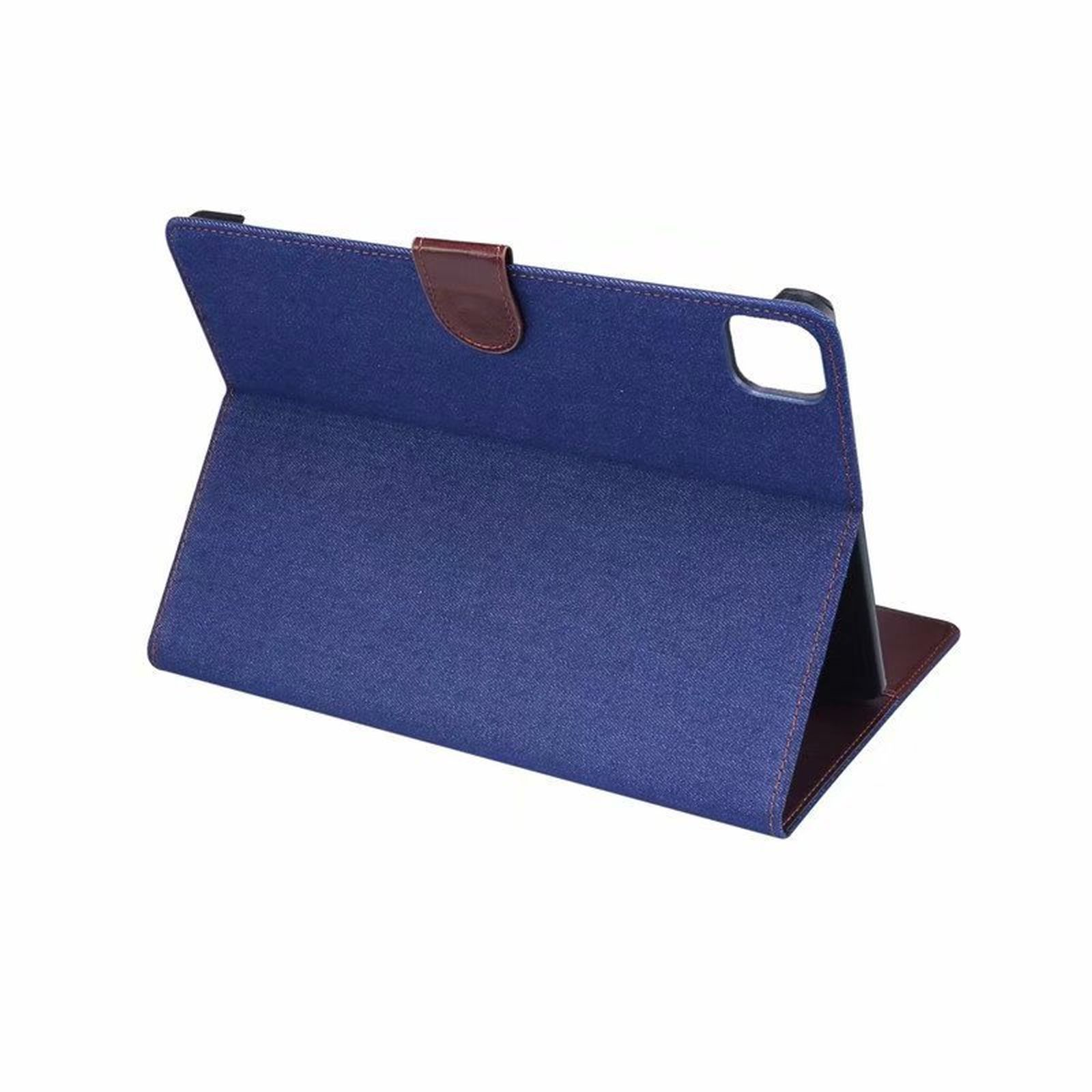 Blaue Tablet-Hülle, offen, Tablet aufgestellt. Brauner Riemen oben.