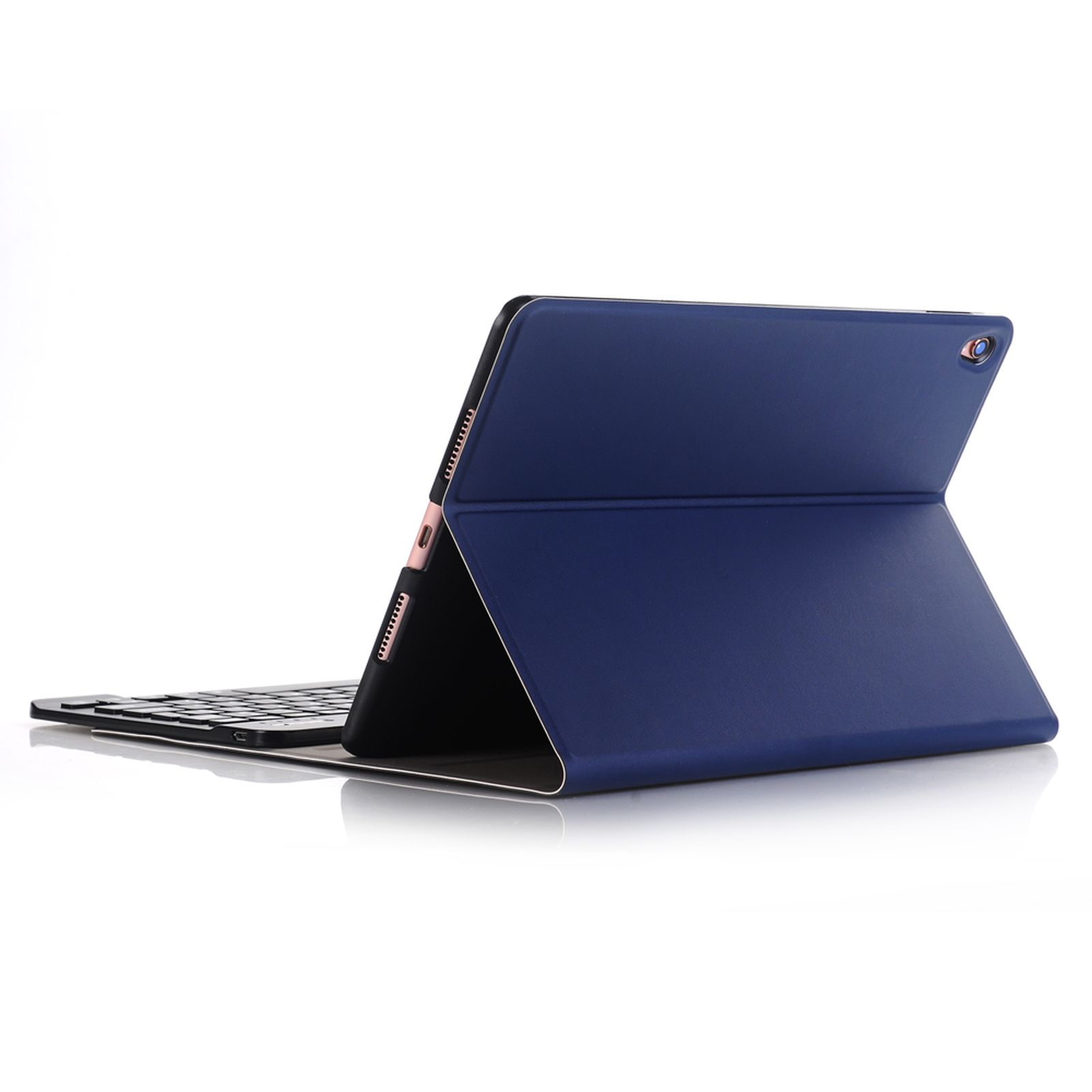 Blaue Tablet-Hülle mit Tastatur, zeigt Tablet, weißer Hintergrund.