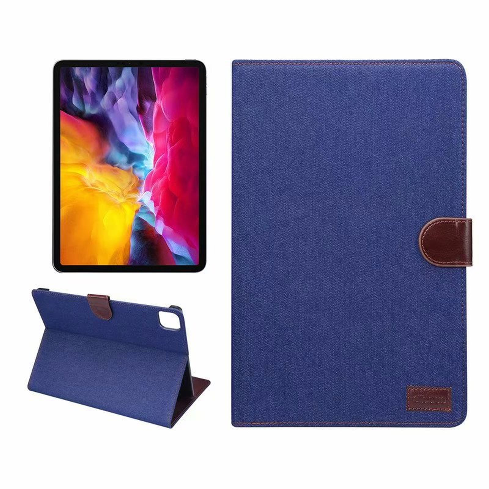 Eine blaue Tablet-Hülle mit lederartiger Textur und einem braunen Verschluss. Das Tablet ist gefaltet dargestellt.