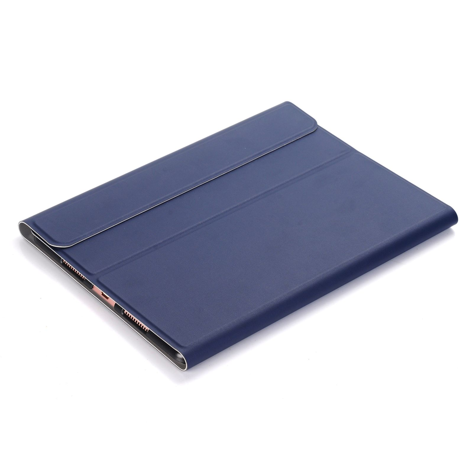 Eine dunkelblaue Tablethülle, geschlossen, mit elegantem Design.