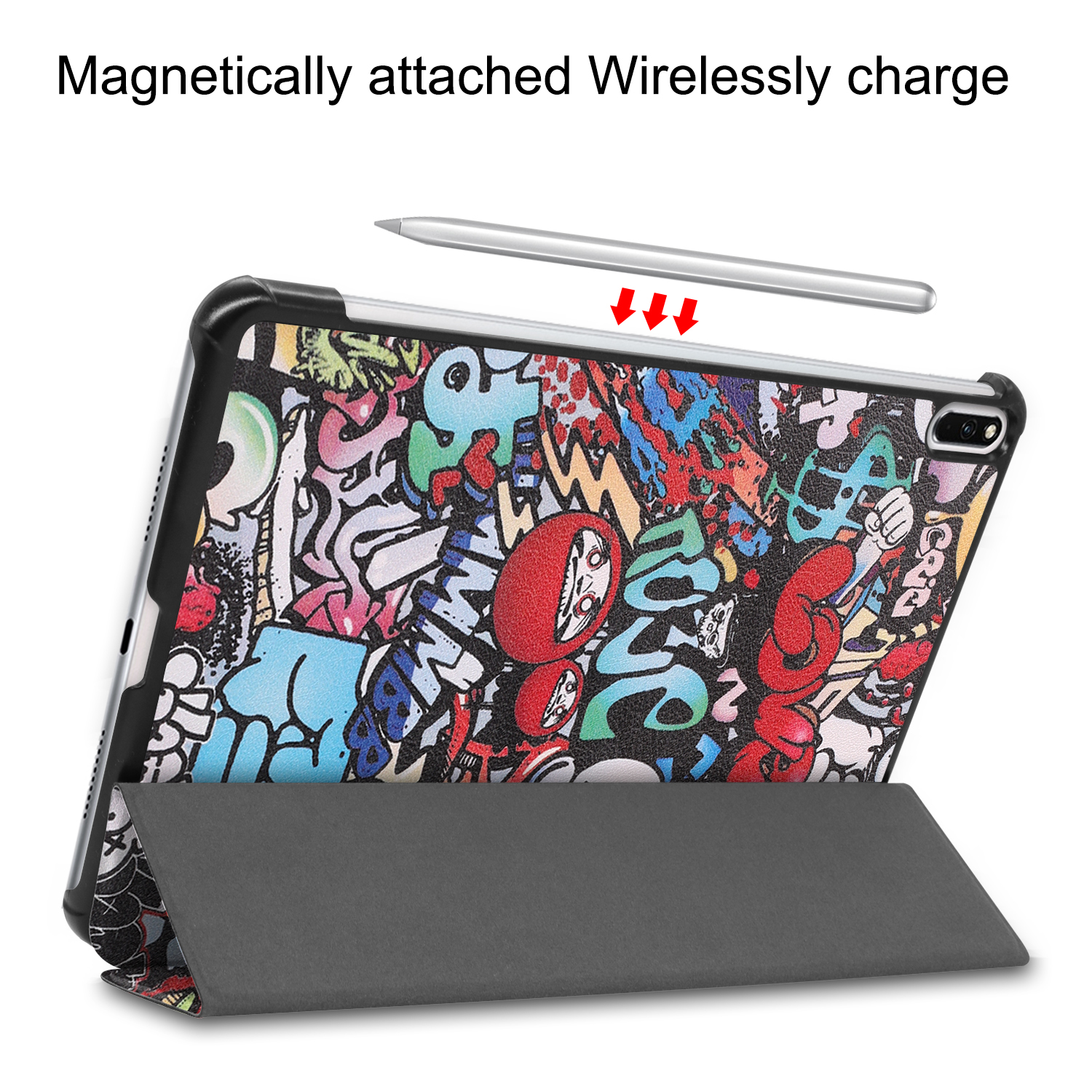 Tablet mit Graffiti-Design-Cover und Stift magnetisch oben befestigt.