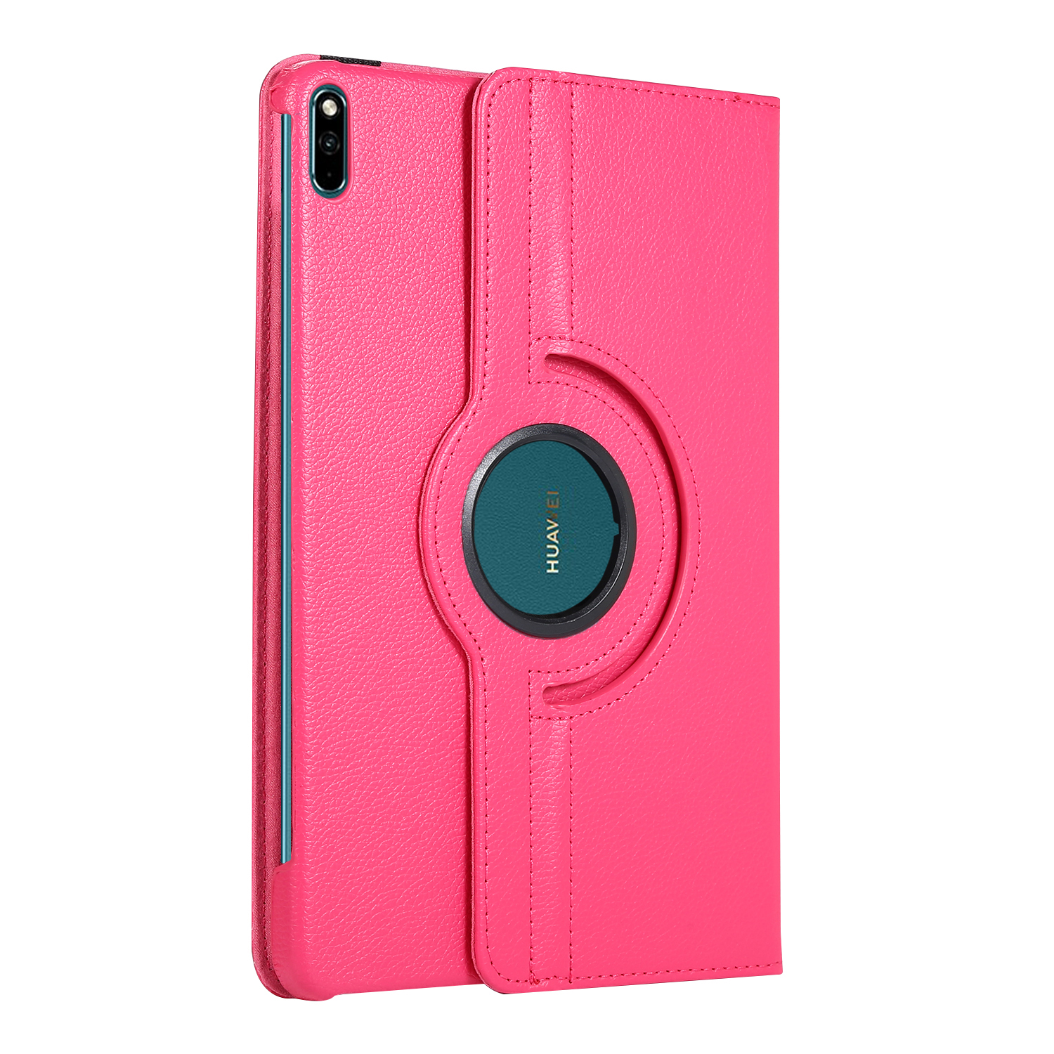 Rosa Tablet-Hülle mit drehbarer Funktion, zeigt das Huawei-Logo.