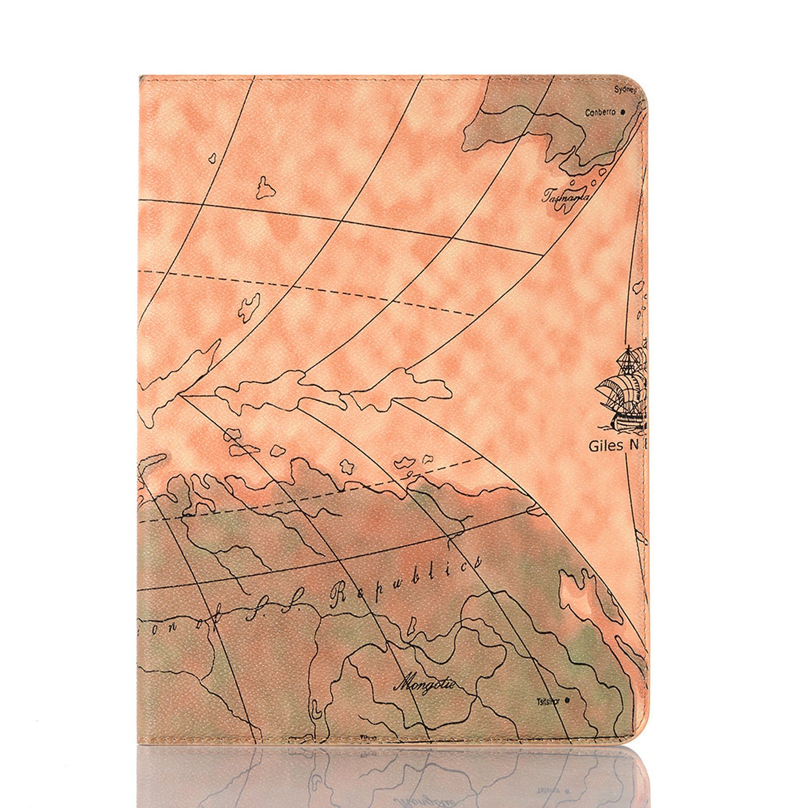 Tablet-Hülle mit Weltkarten-Design. Orange- und Brauntöne. Weißer Hintergrund, der das Licht reflektiert.