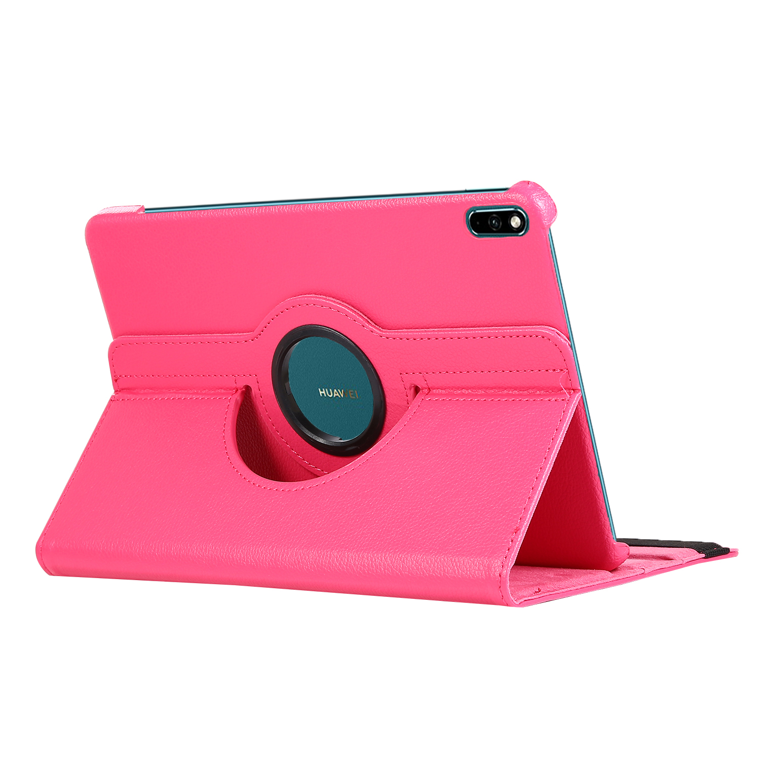 Rosa Tablet-Hülle mit Ständerfunktion, schwarzes Tablet, weißer Hintergrund.