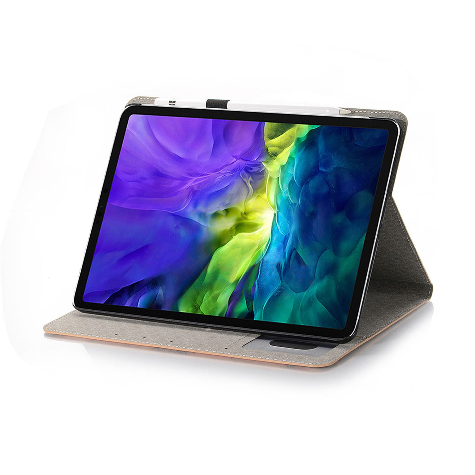 Ein Tablet in einer Hülle, mit einem Stift, vor weißem Hintergrund.