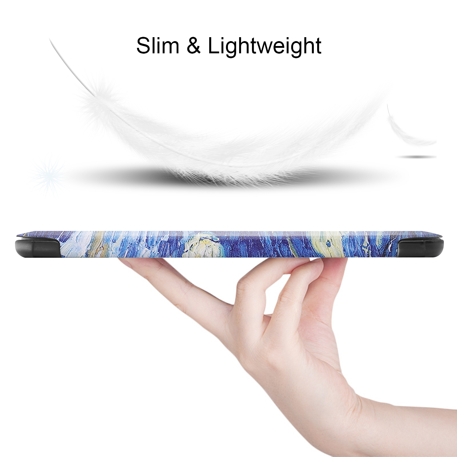Ein Tablet wird in einer Hand gehalten, mit einer Feder, die darüber schwebt. Das Tablet hat ein blaues, weißes und gelbes Design.
