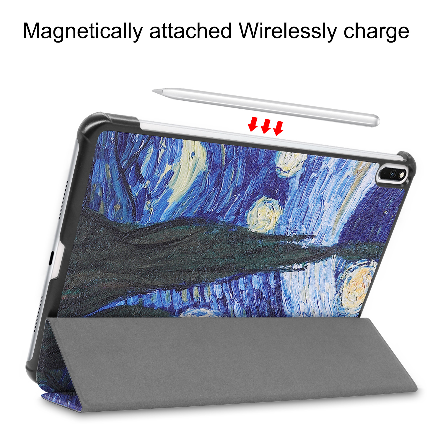Tablet in Hülle mit Sternennacht-Design, Stift darüber. Pfeile zeigen nach unten.