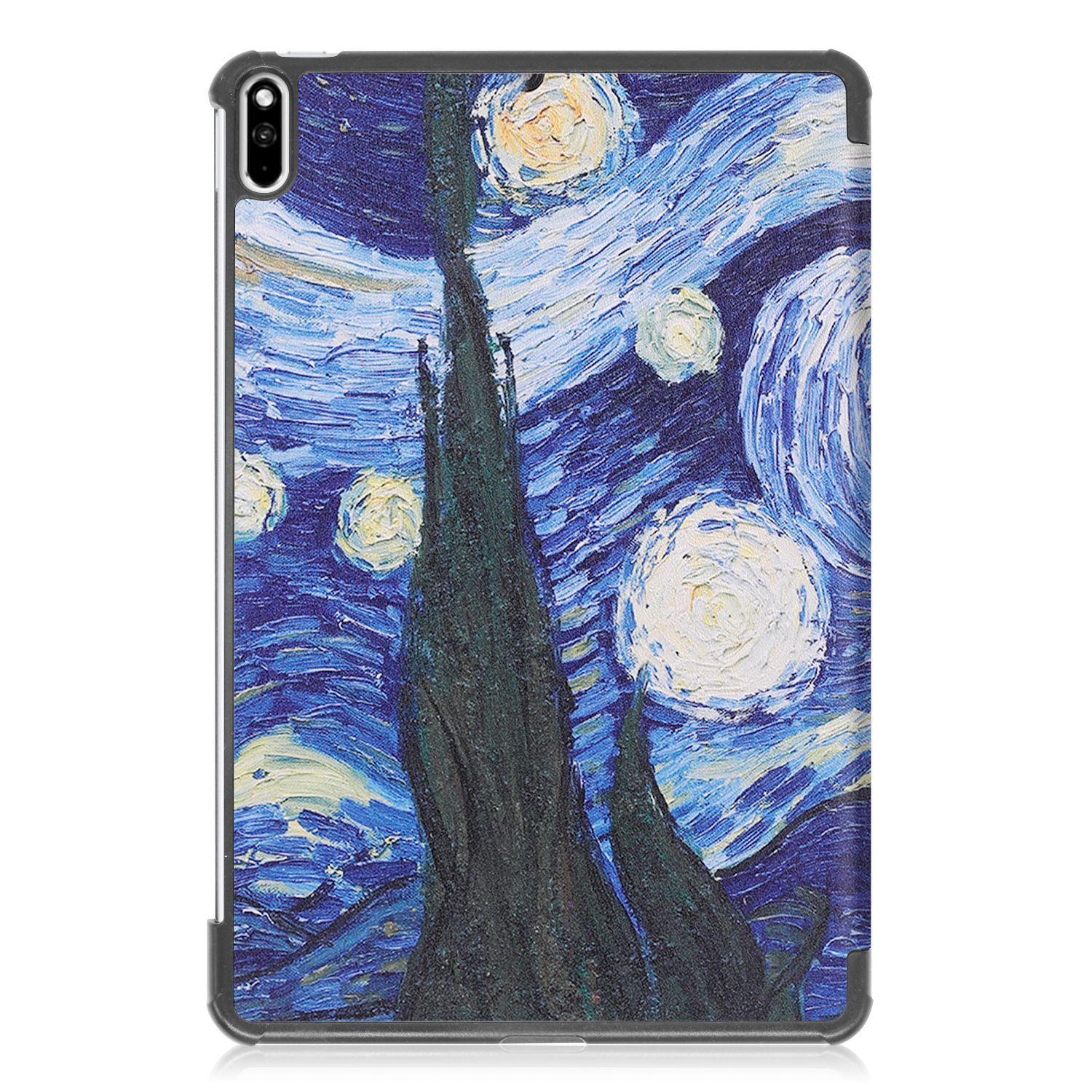 Tablethülle mit Van Goghs Sternennacht-Gemälde. Dunkelblau mit stilisierten Sternen. Schwarze Hülle.