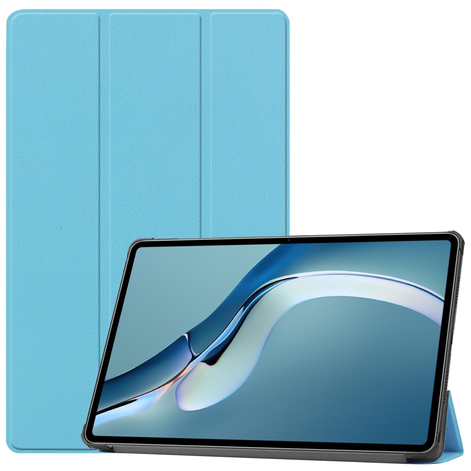 Tablet mit blauer Hülle. Tablet zeigt blau-weißes abstraktes Bild auf dem Bildschirm.