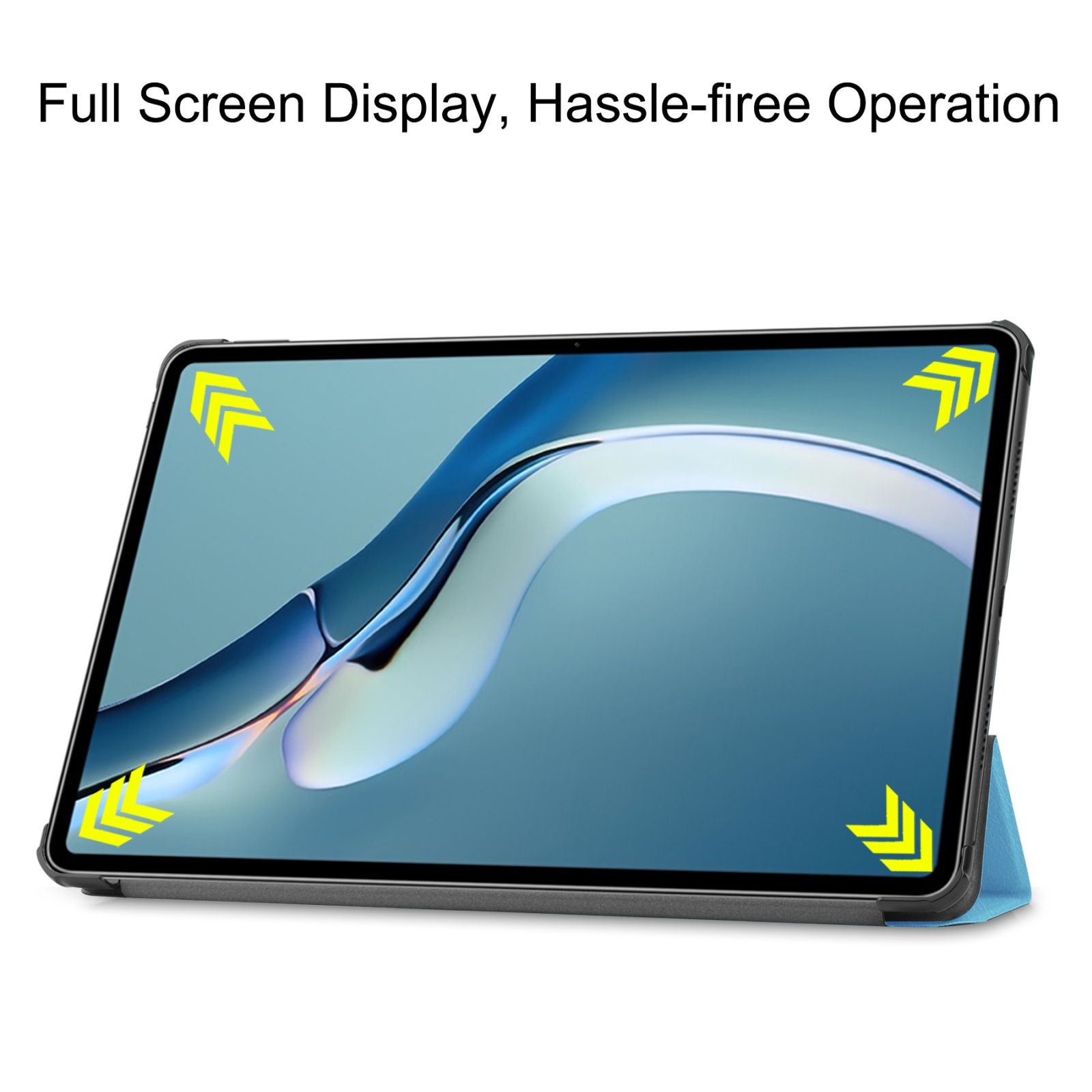 Tablet mit blauem Bildschirm und gelben Pfeilen in schwarzer Hülle. Es wird gehalten.