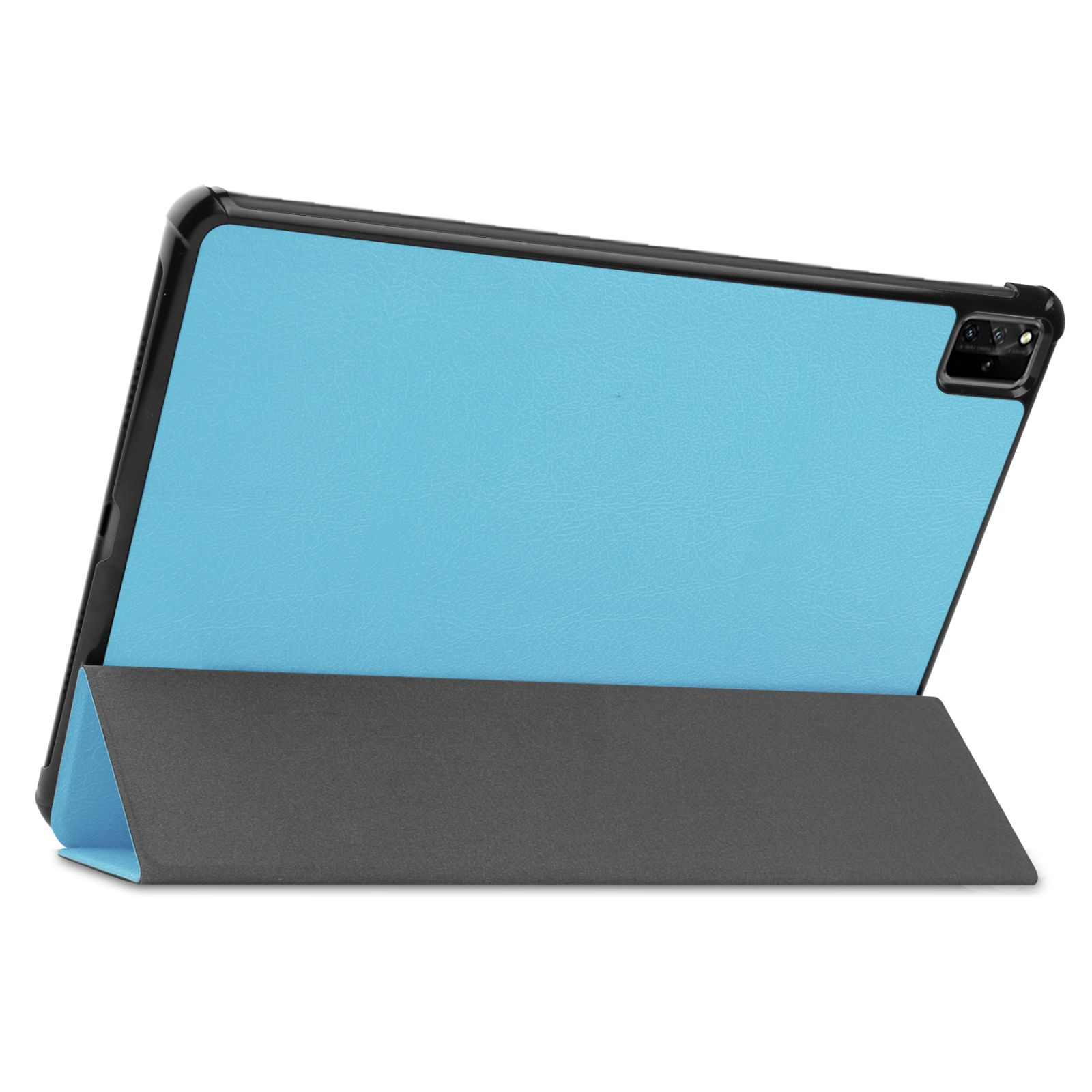 Ein Tablet in einer blau-schwarzen Hülle. Das Tablet wird mit einem Ständer aufgestellt.