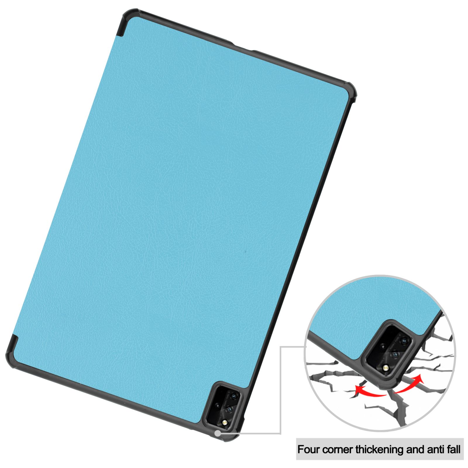 Tablethülle, hellblaue Farbe mit schwarzem Rahmen. Vier Eckverdickungen und Anti-Fall-Design.