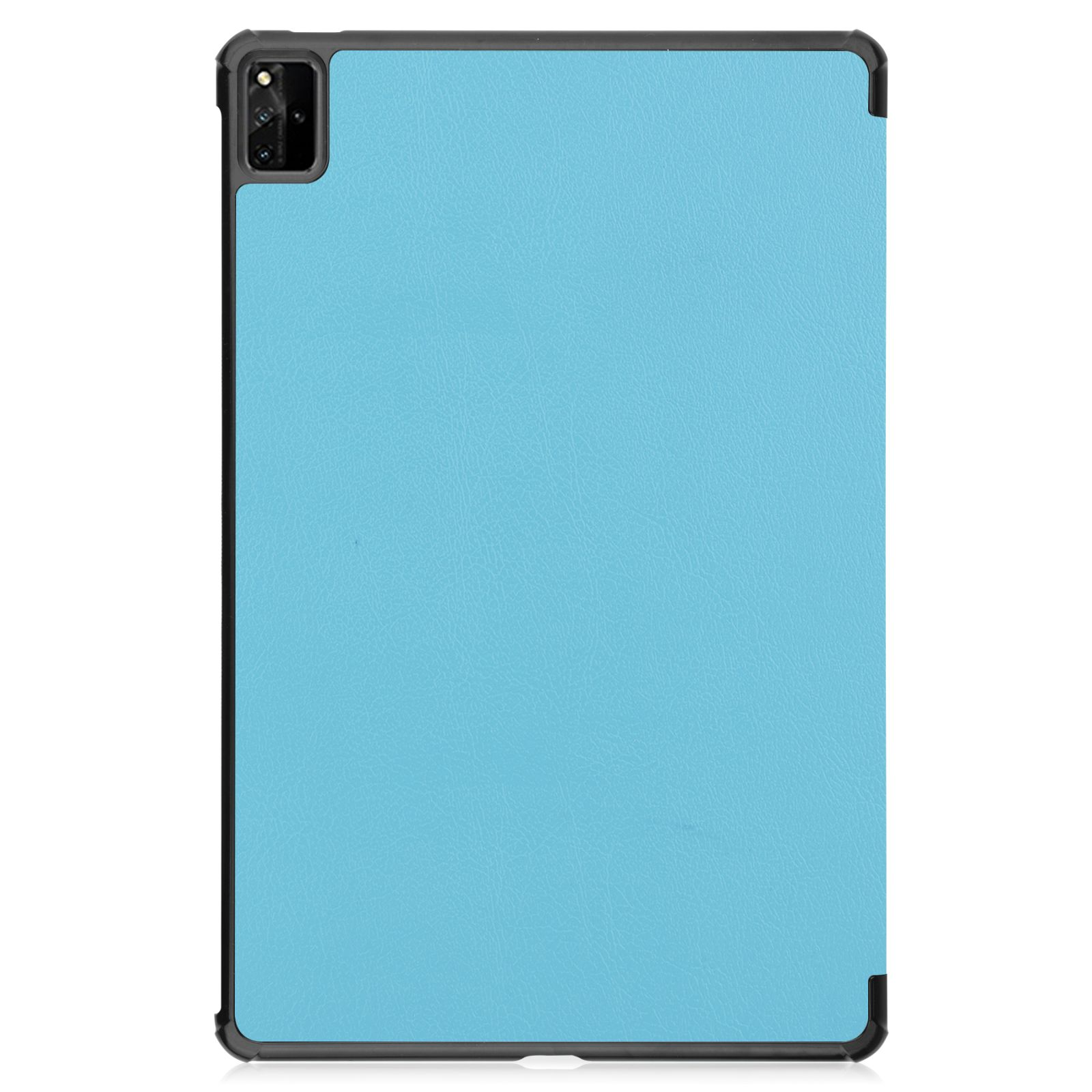 Ein Tablet mit hellblauer, ledertexturierter Hülle und schwarzem Rahmen.