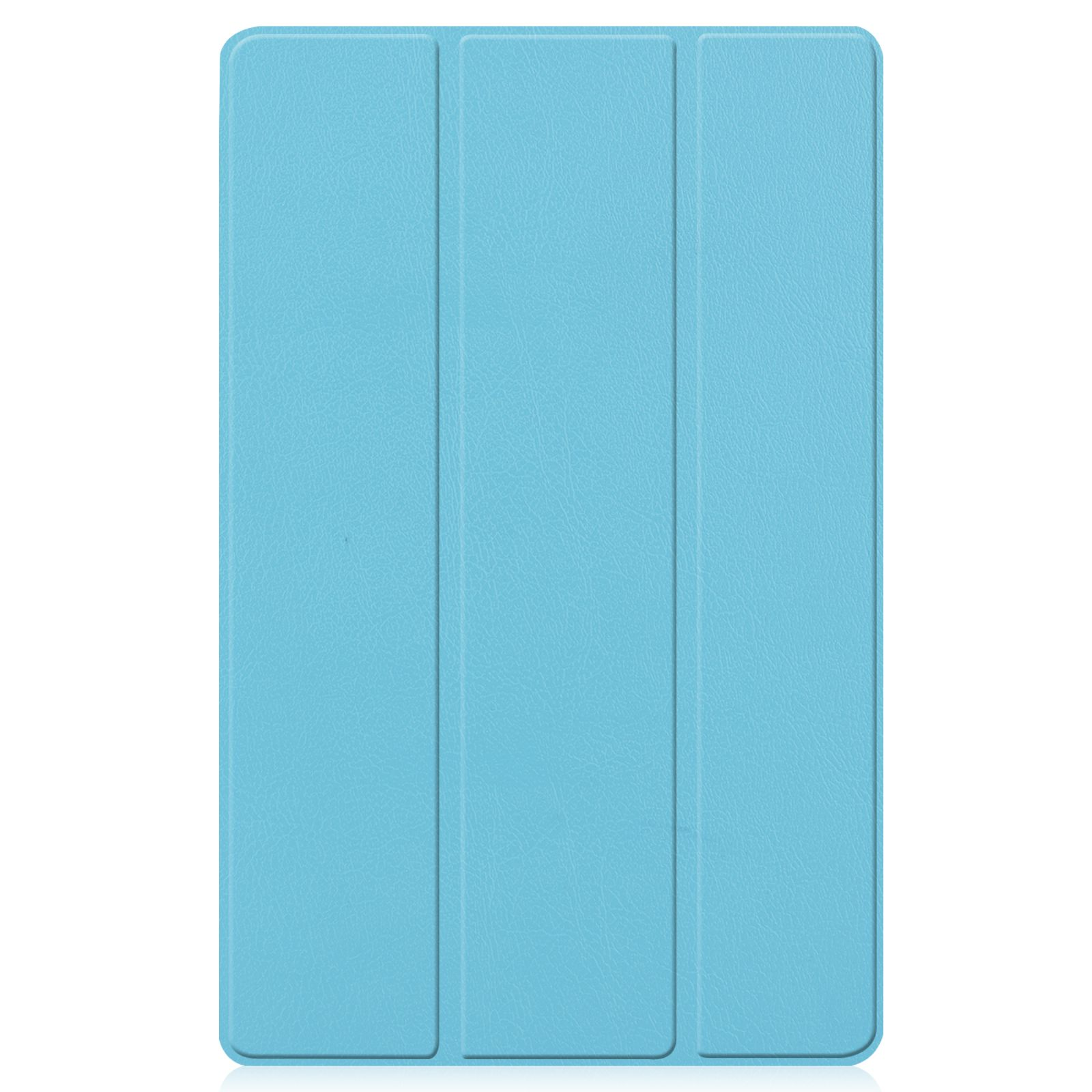 Hellblaue Tablethülle mit dreiteiligem Design. Die Hülle ist geschlossen.