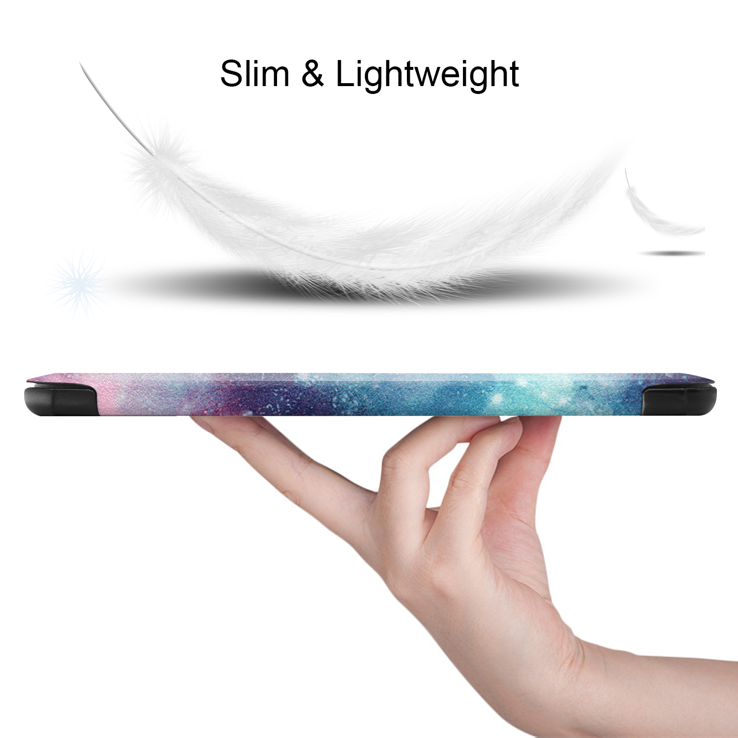 Tablet mit bunter Hülle, in einer Hand gehalten, mit einer darüber schwebenden Feder.
