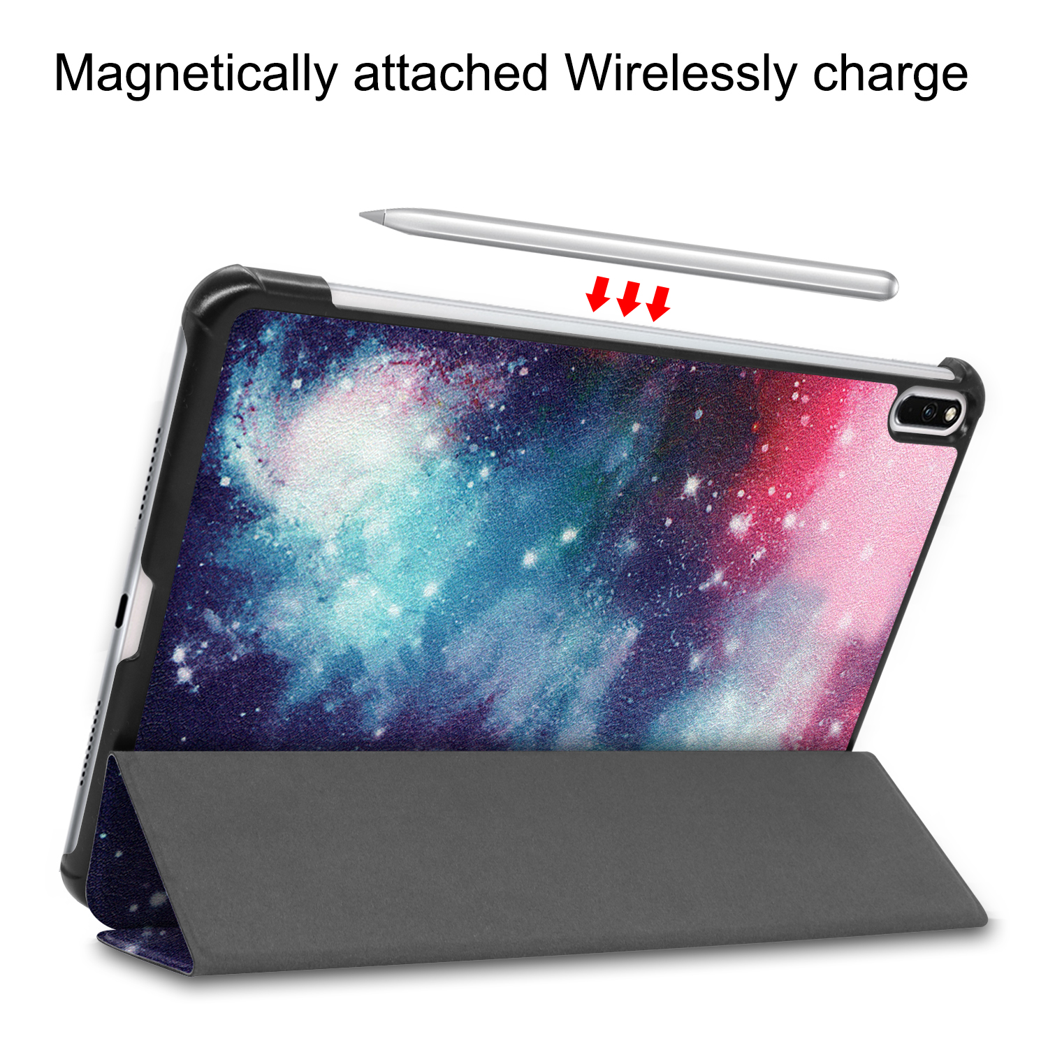 Tablet mit Galaxy-Design, Stift magnetisch befestigt. Pfeile zeigen das Aufladen.