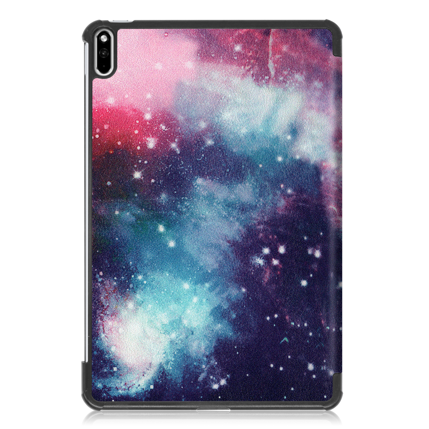 Tablethülle mit farbenfrohem Galaxiedesign: rosa, blau und weiß, mit Sternen.