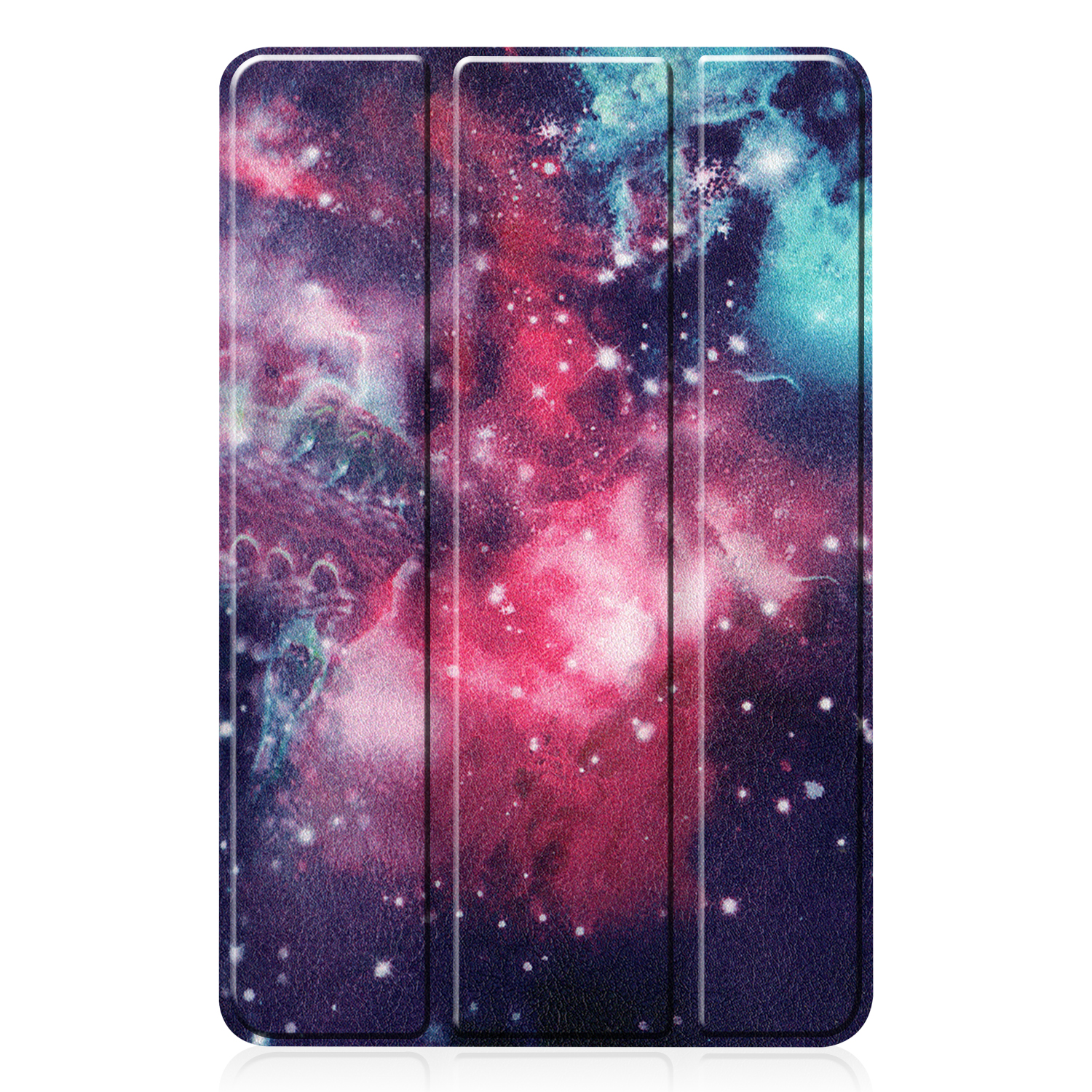 Tablethülle mit Galaxie-Design, mit einer farbenfrohen Mischung aus Pink, Lila und Blau.