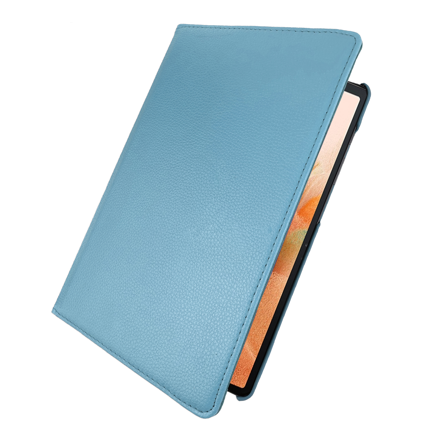 Tablet offen in einer hellblauen Lederhülle, der Bildschirm wird angezeigt.