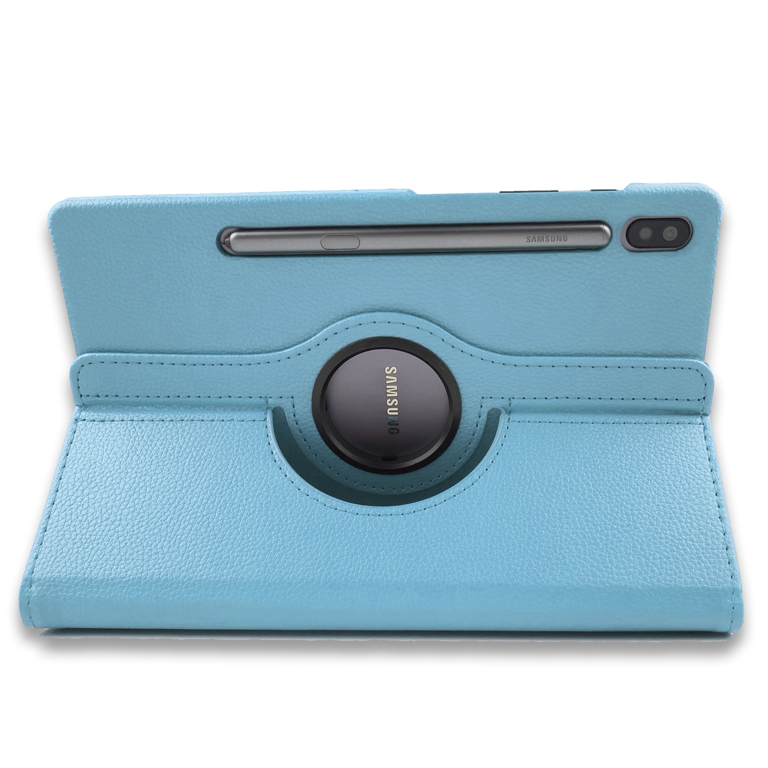 Hellblaue Tablet-Hülle mit Stift. Der Stift befindet sich in der Hülle.