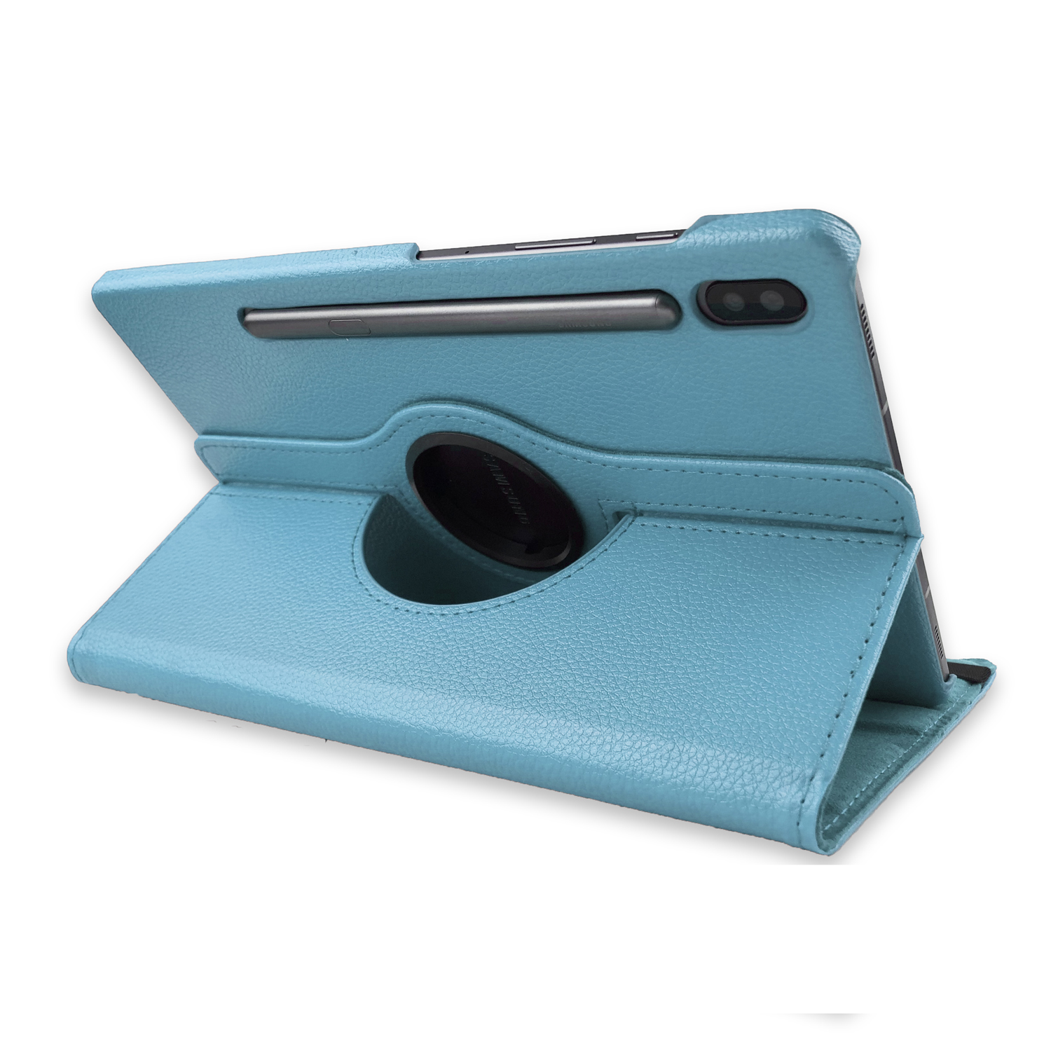 Tablet in blauem Lederetui, abgewinkelt und gefaltet. Tablet mit schwarzem Stift.