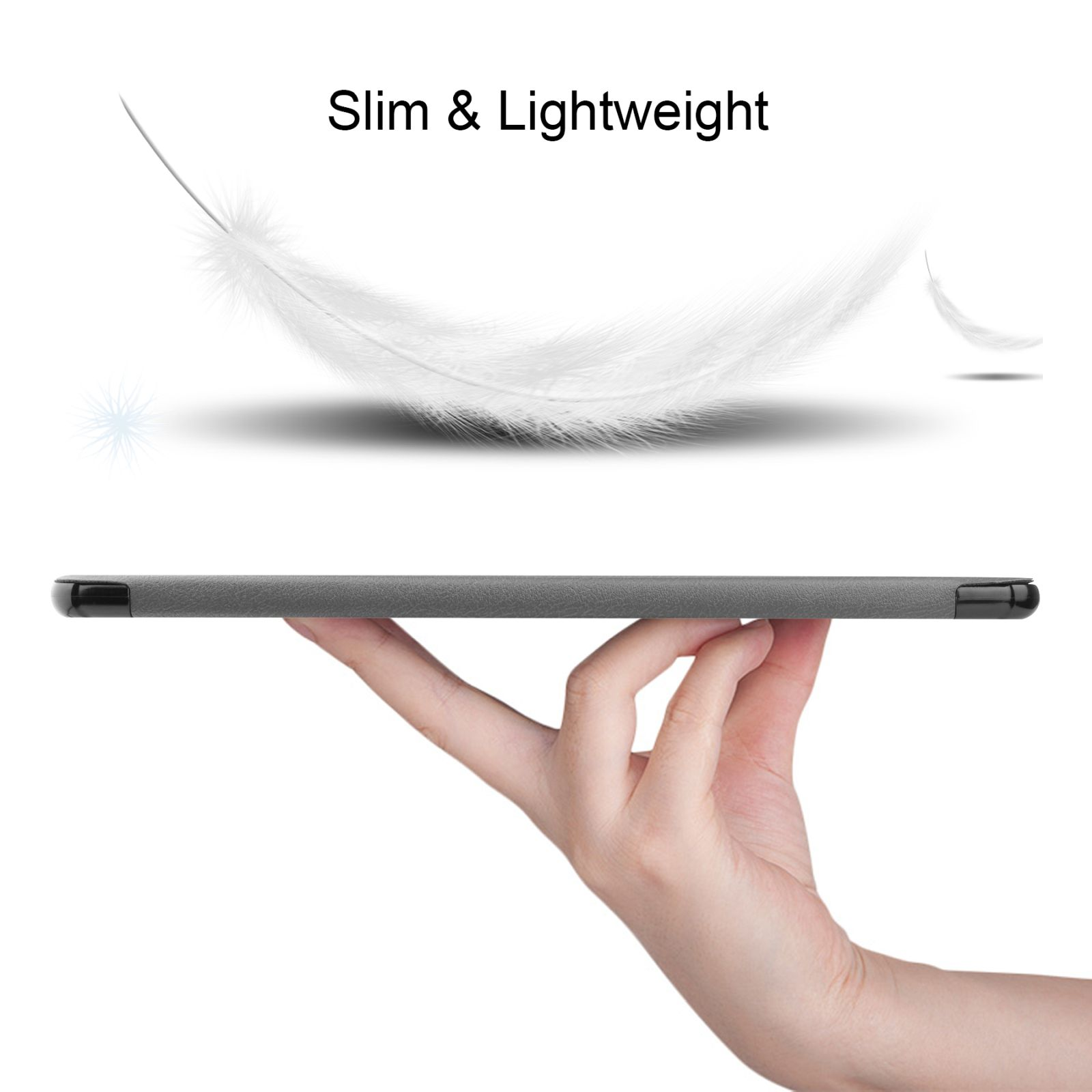 Tablet wird von einer Hand gehalten, Seitenansicht. Eine Feder schwebt.