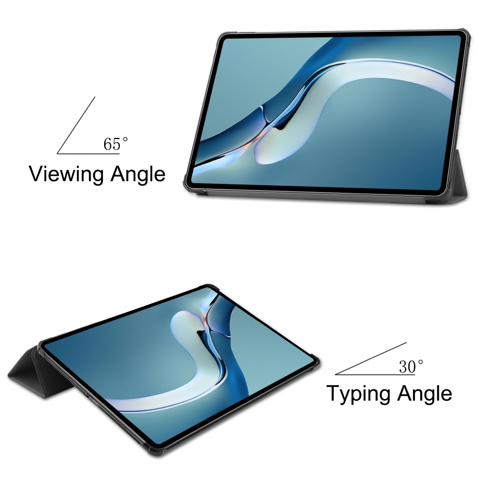 Tablet mit Hülle bei 65° Betrachtung und 30° Tippwinkeln. Text beschreibt den Betrachtungs- und Tippwinkel.