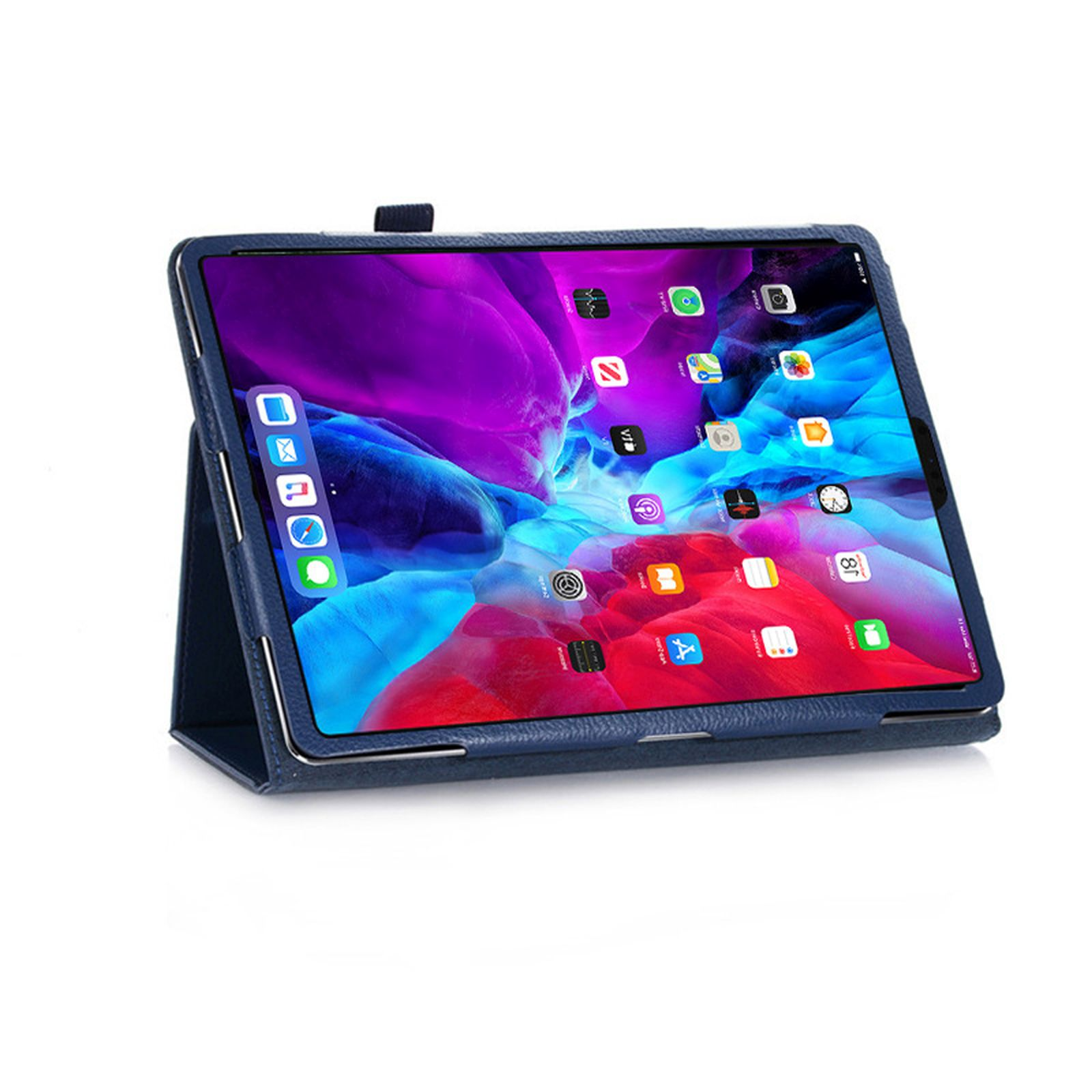 Blaues Tablet in Hülle, offen, aufgestellt. Zeigt App-Symbole auf dem Bildschirm.