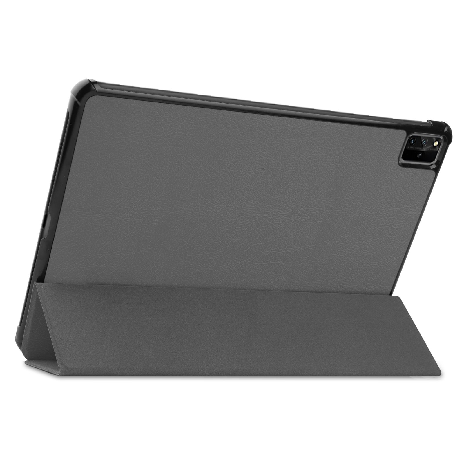 Graue Tablethülle, geschlossen, zeigt die Rückseite des Tablets und seine zusammengeklappte Hülle.