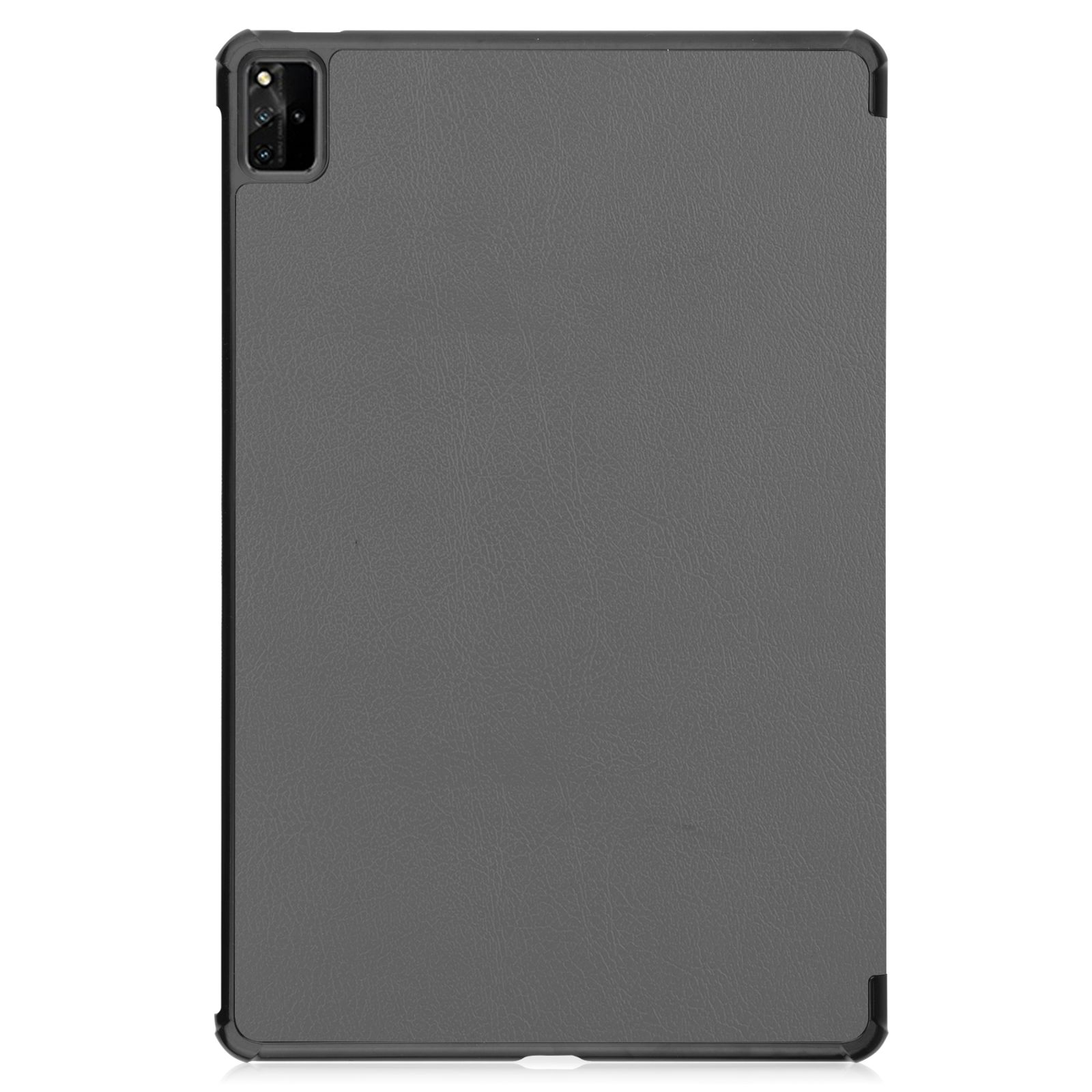 Eine graue Tablet-Hülle, geschlossen, mit strukturierter Oberfläche und Kameraausschnitt oben.