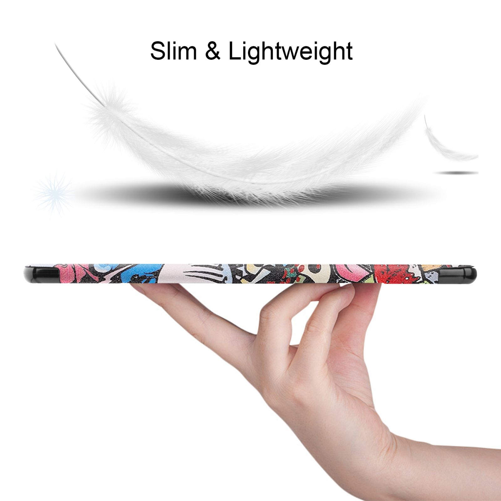 Tablet in der Hand, zeigt buntes Graffiti-Design auf dem Case. Federn darüber.