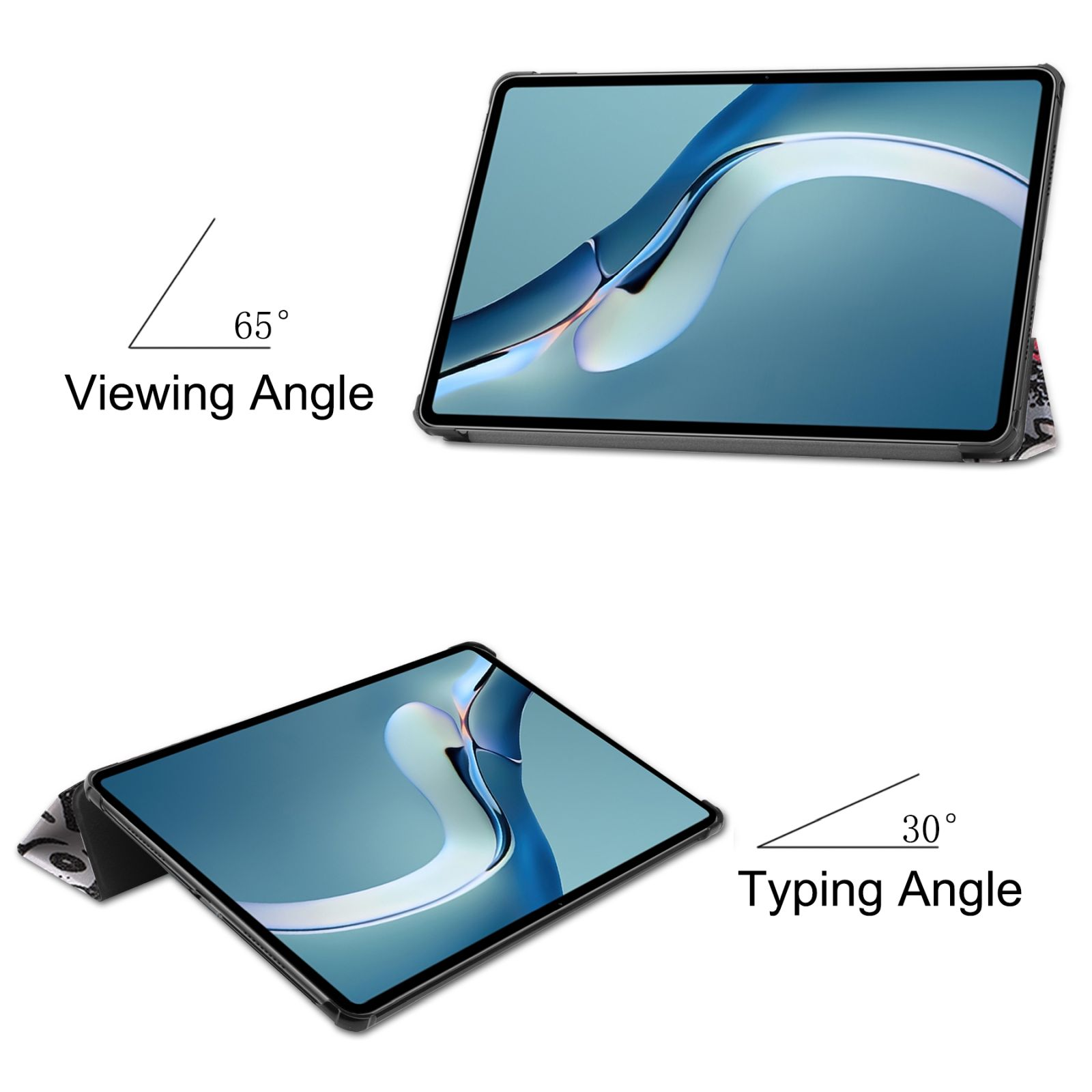 Tablet in einer Hülle, zeigt Betrachtungs- und Tippwinkel. Der Bildschirm zeigt ein blaues und weißes Muster.