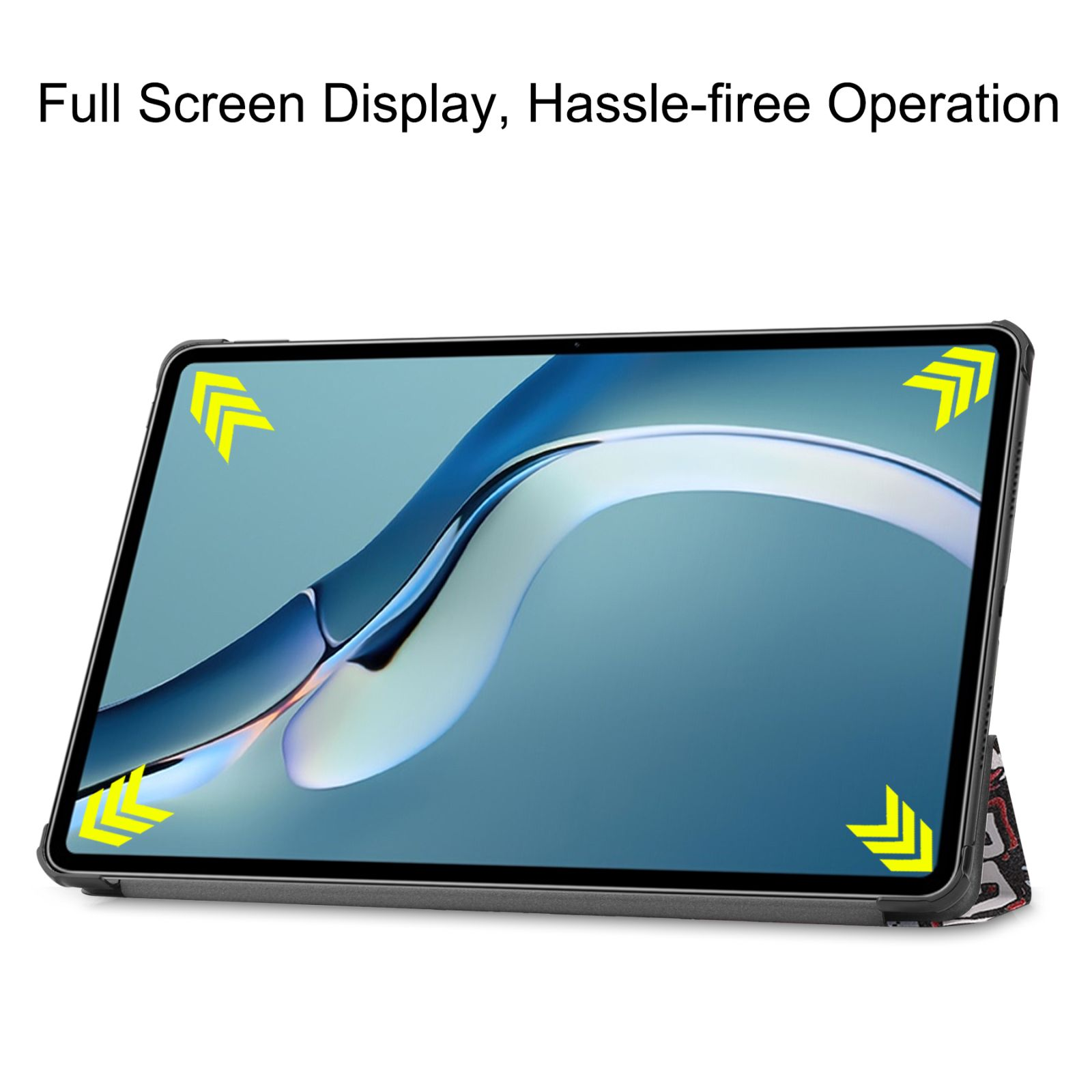 Tablet mit Vollbildanzeige, aufgestellt. Der Bildschirm zeigt ein blaues und weißes Design.