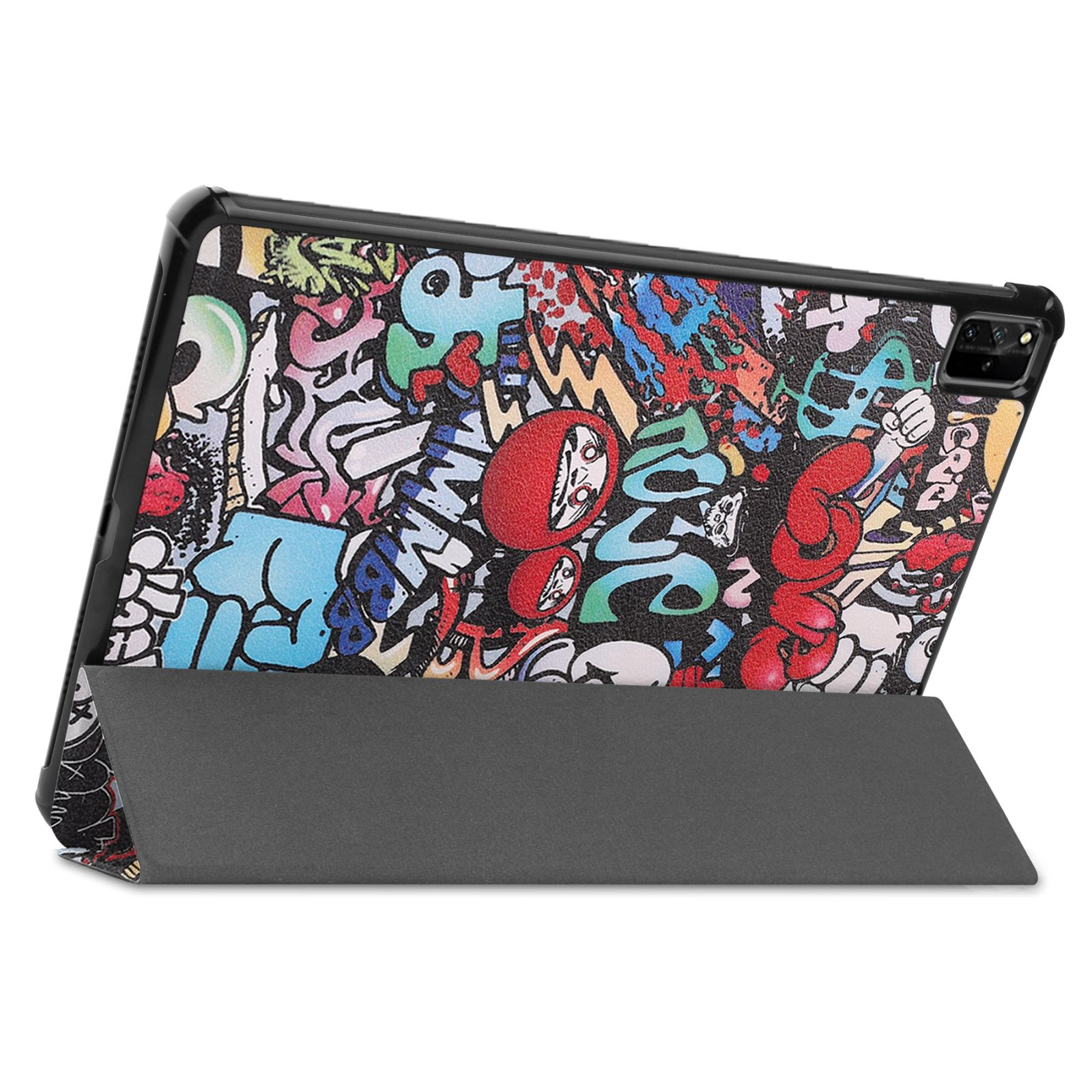 Tablet-Hülle mit Graffiti-Kunst. Die Hülle ist geöffnet und stützt das Tablet. Der Hintergrund ist weiß.