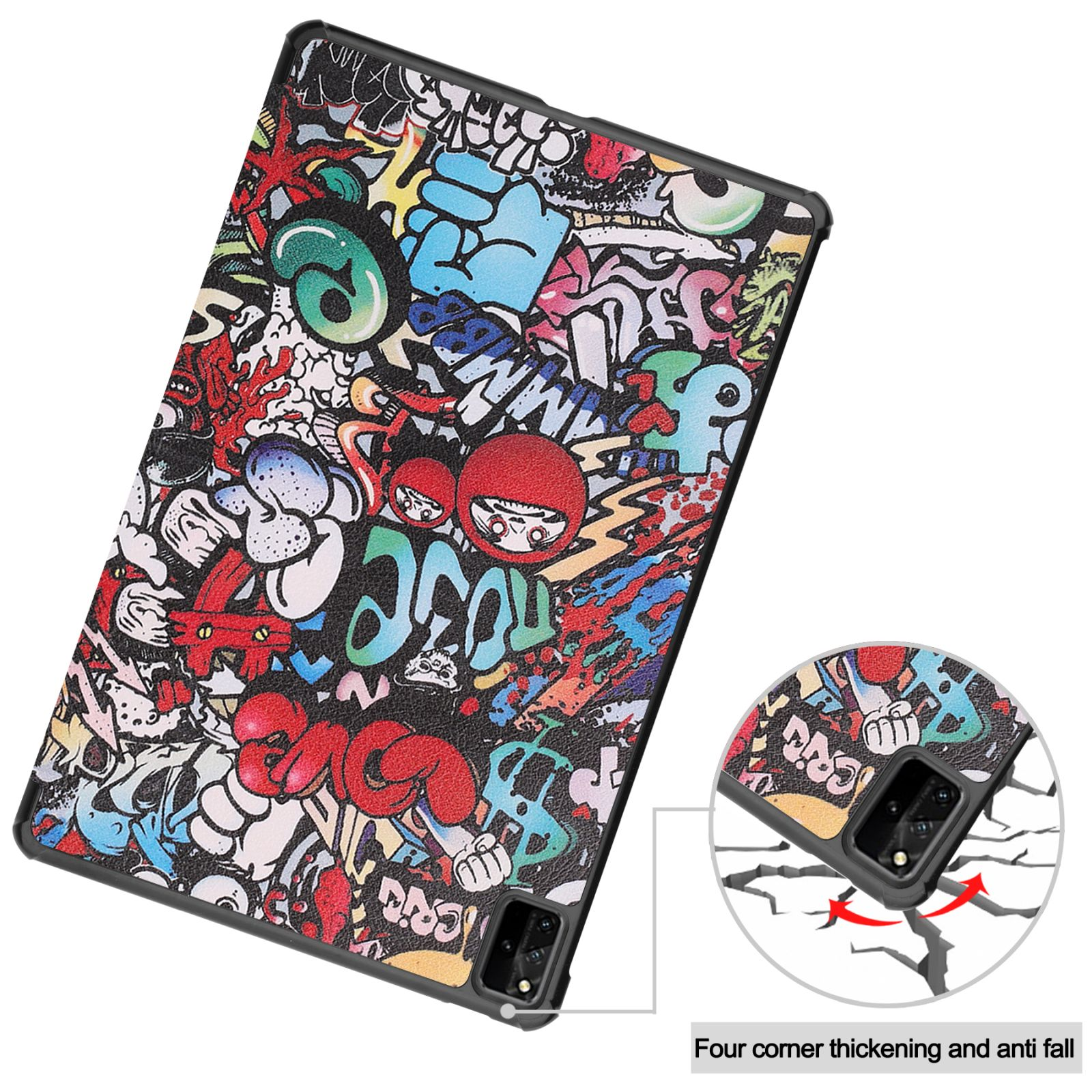 Tablethülle mit Graffiti-Kunst-Design. Die Hülle ist offen und zeigt das Tablet. Vier Ecken verdicken und sturzsicher.
