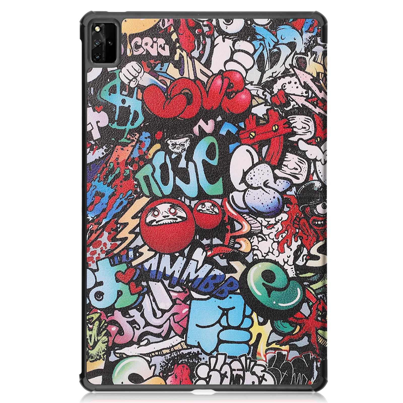 Tablethülle mit Graffiti-Kunst bedeckt, mit farbenfrohen Texten, Figuren und Formen auf schwarzem Grund.