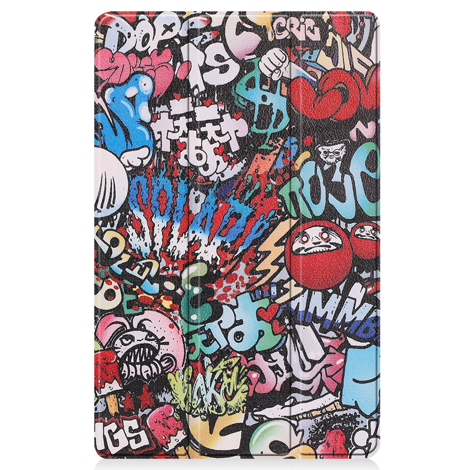 Tablethülle mit farbenfroher Graffiti-Kunst. Die Hülle ist geschlossen und zeigt das Kunstwerk.